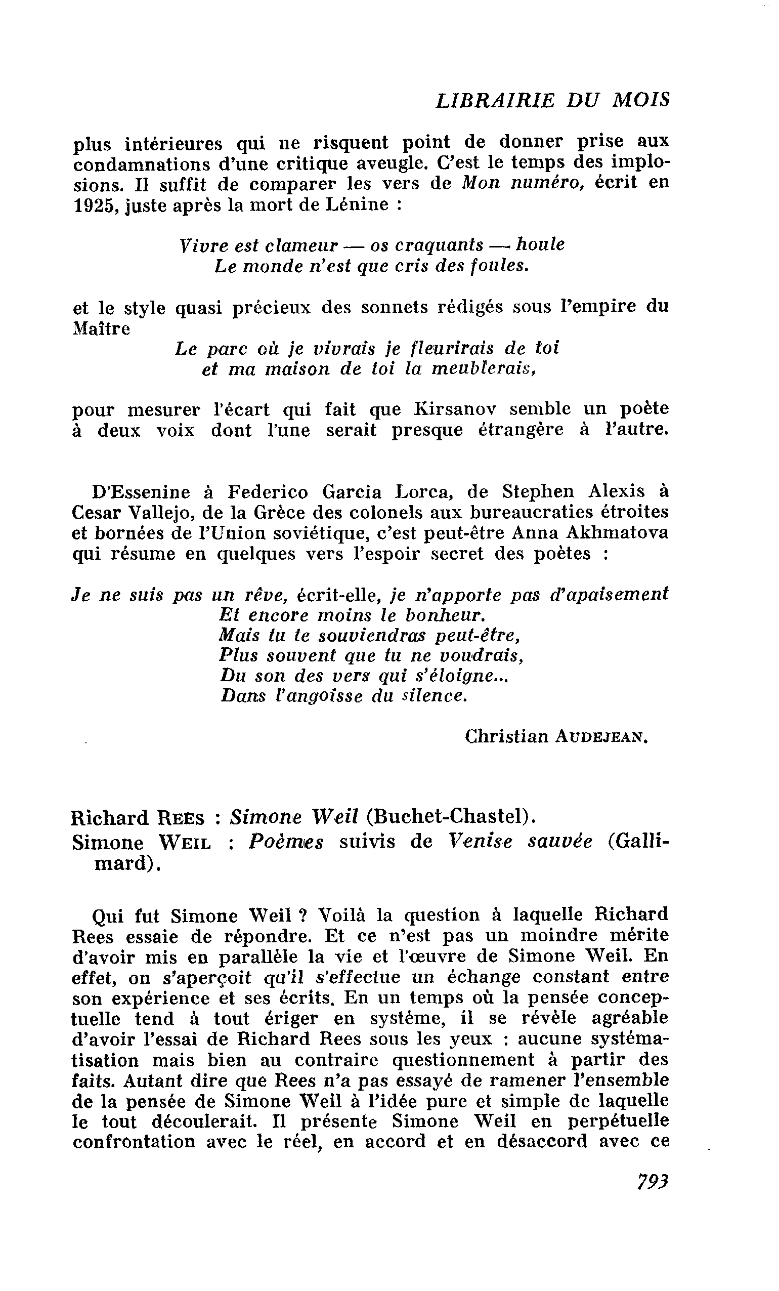 Richard REES : Simone Weil. Simone WEILl : Poèmes suivis de Venise sauvée