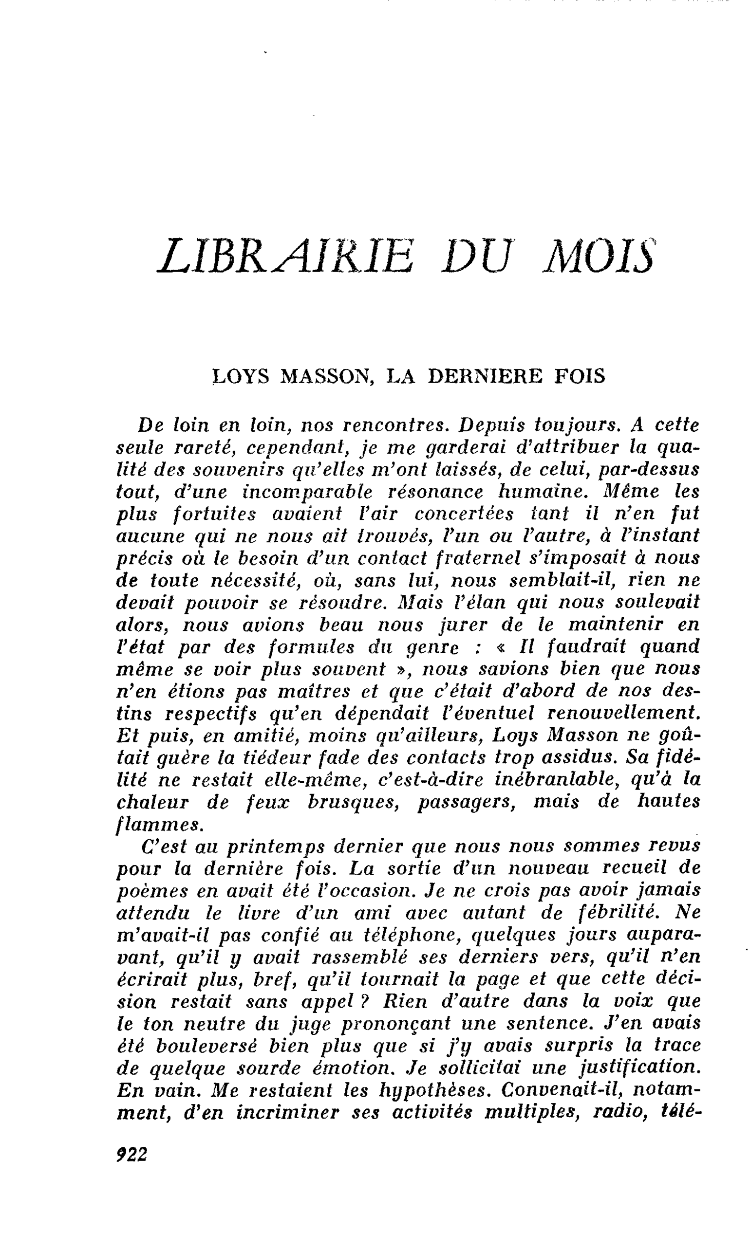 LOYS MASSON, LA DERNIERE FOIS