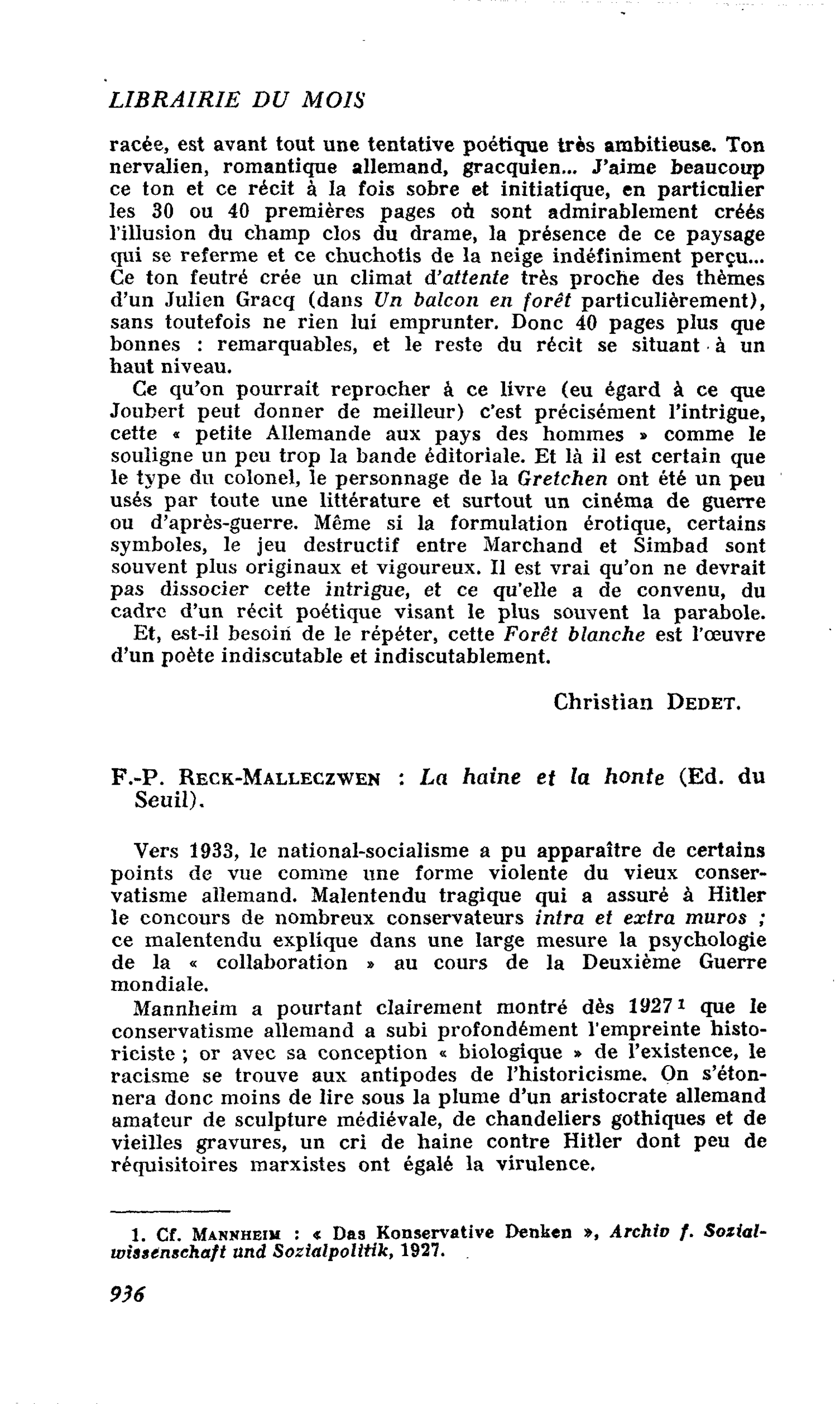 F.-P. Reck-Maiaeczwen : La haine et la honte