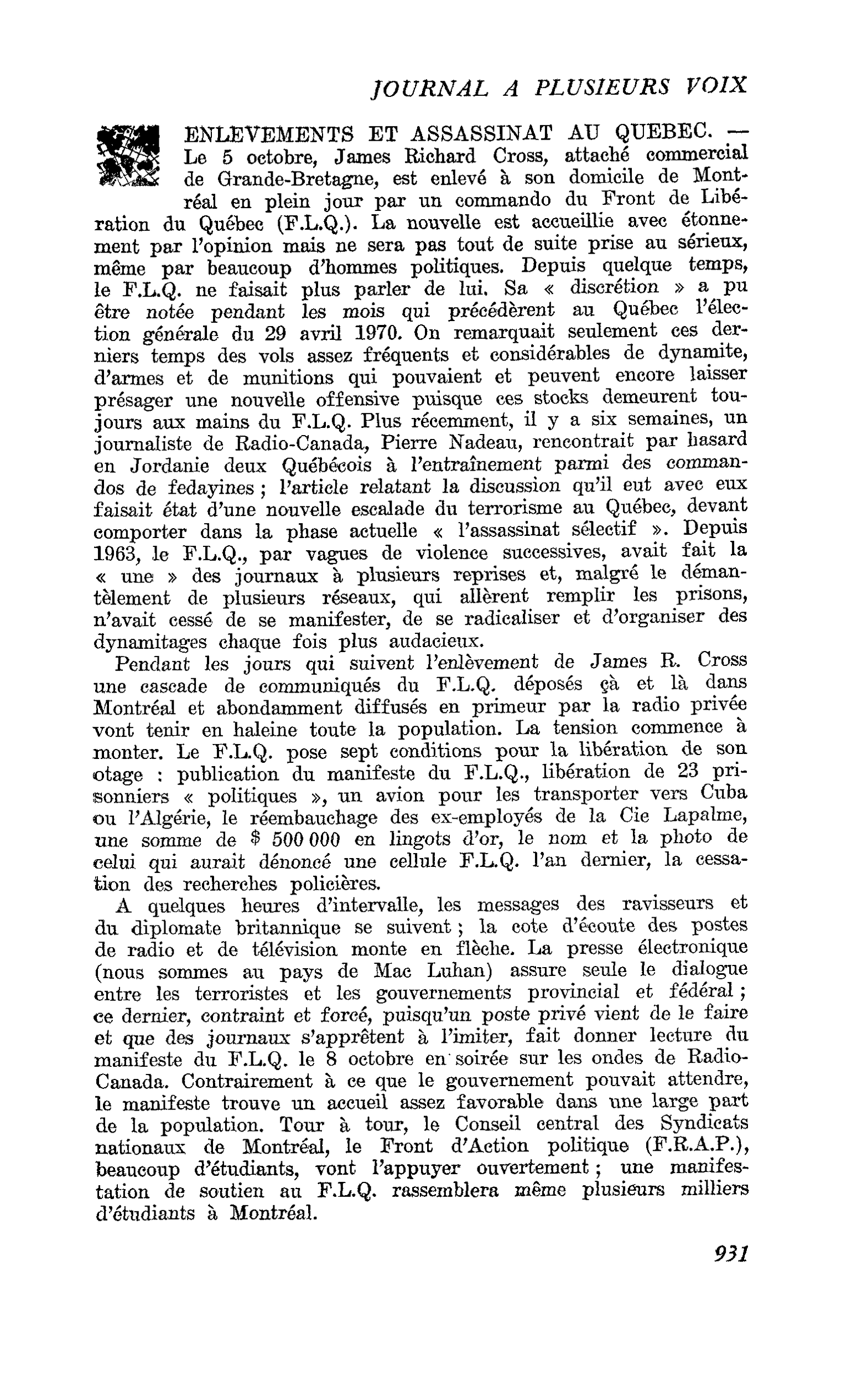 ENLEVEMENTS ET ASSASSINAT AU QUEBEC
