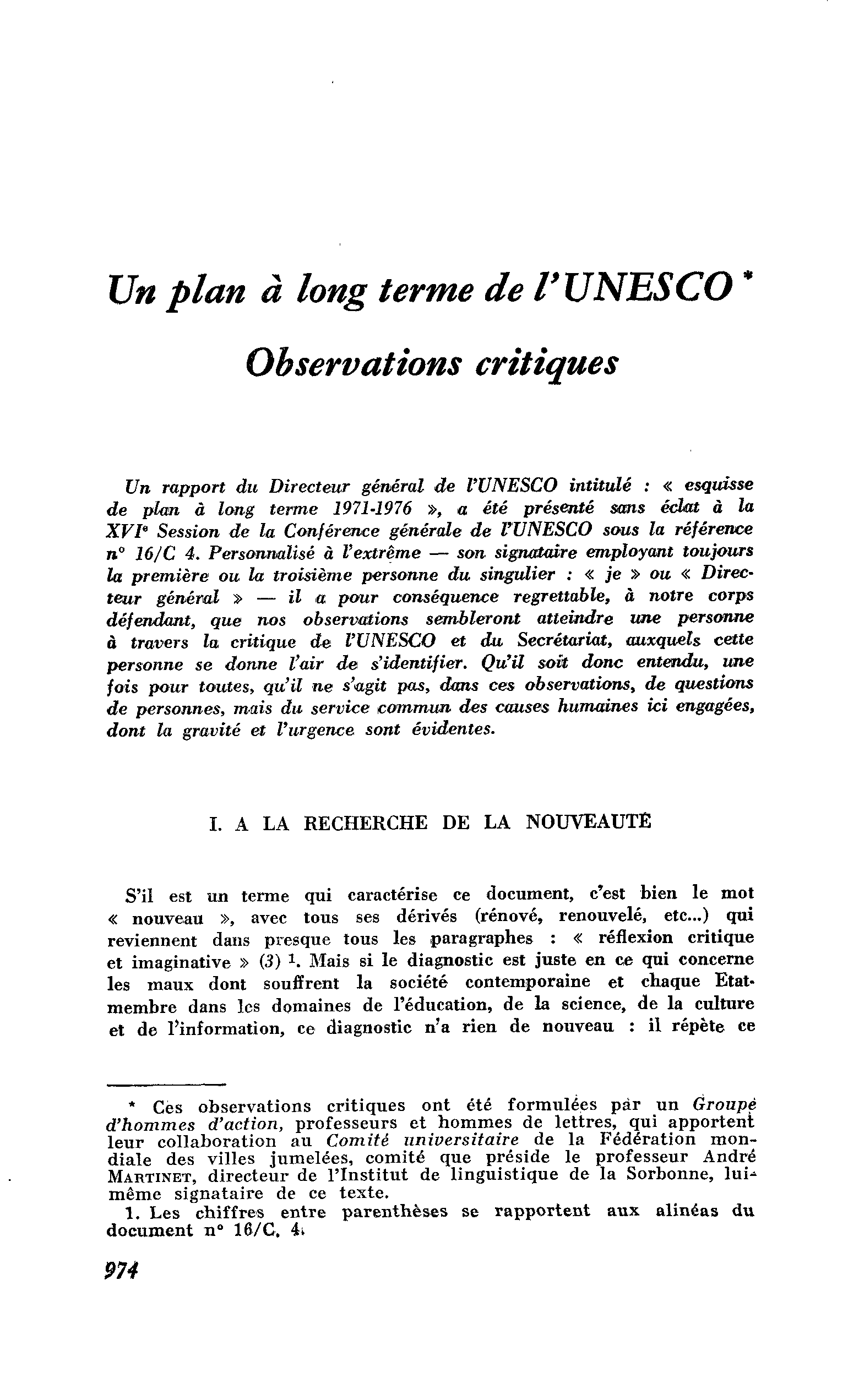 Un plan à long terme de L’UNESCO  Observations critiques