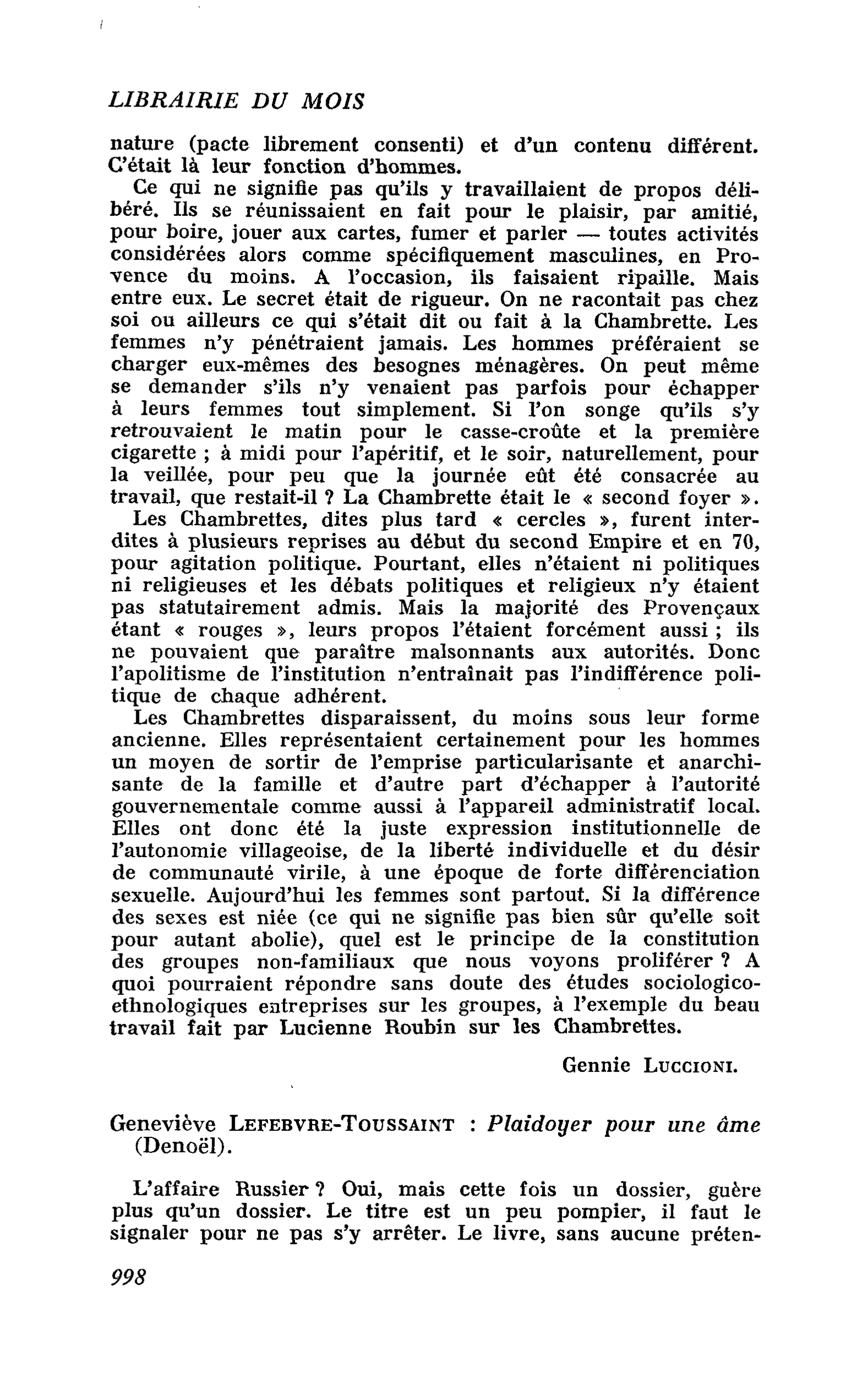 Geneviève Lefebvre-Toussaint : Plaidoyer pour une âme