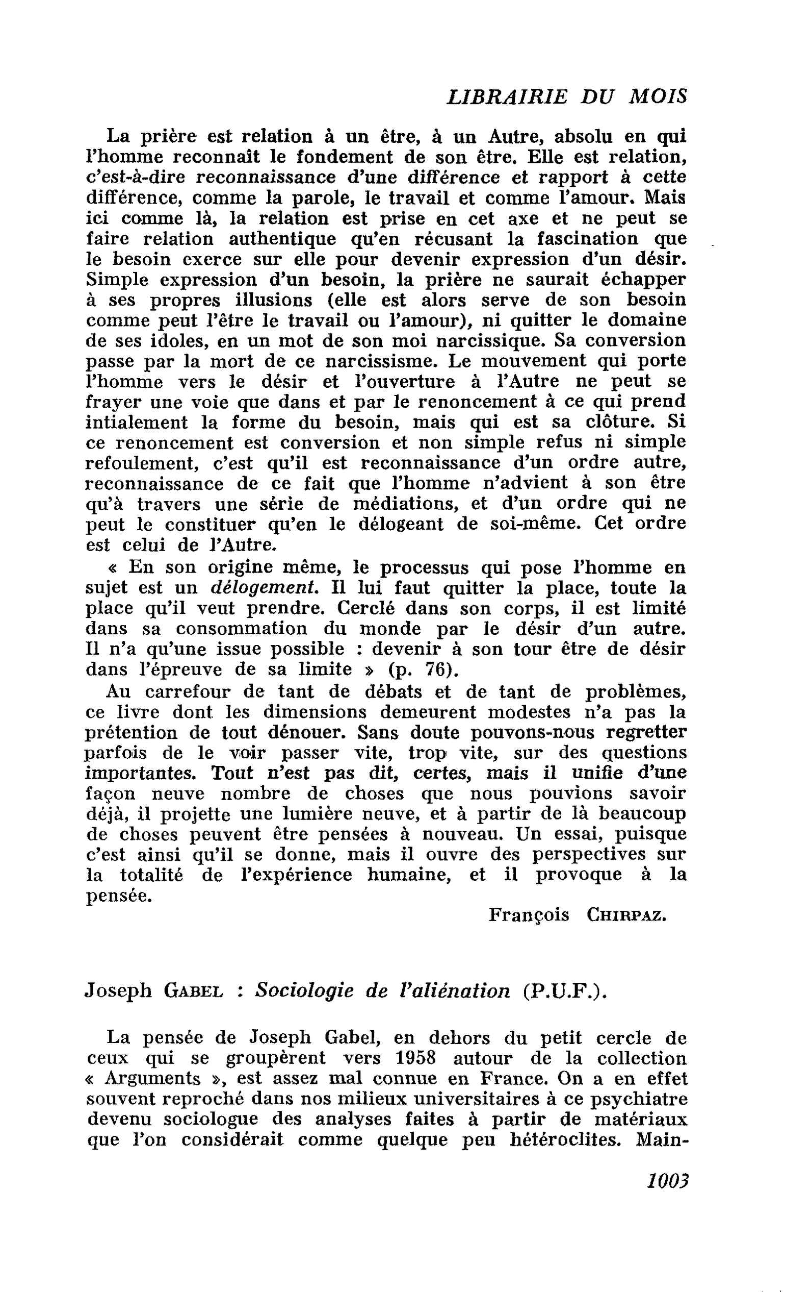 Joseph Gabel : Sociologie de l’aliénation