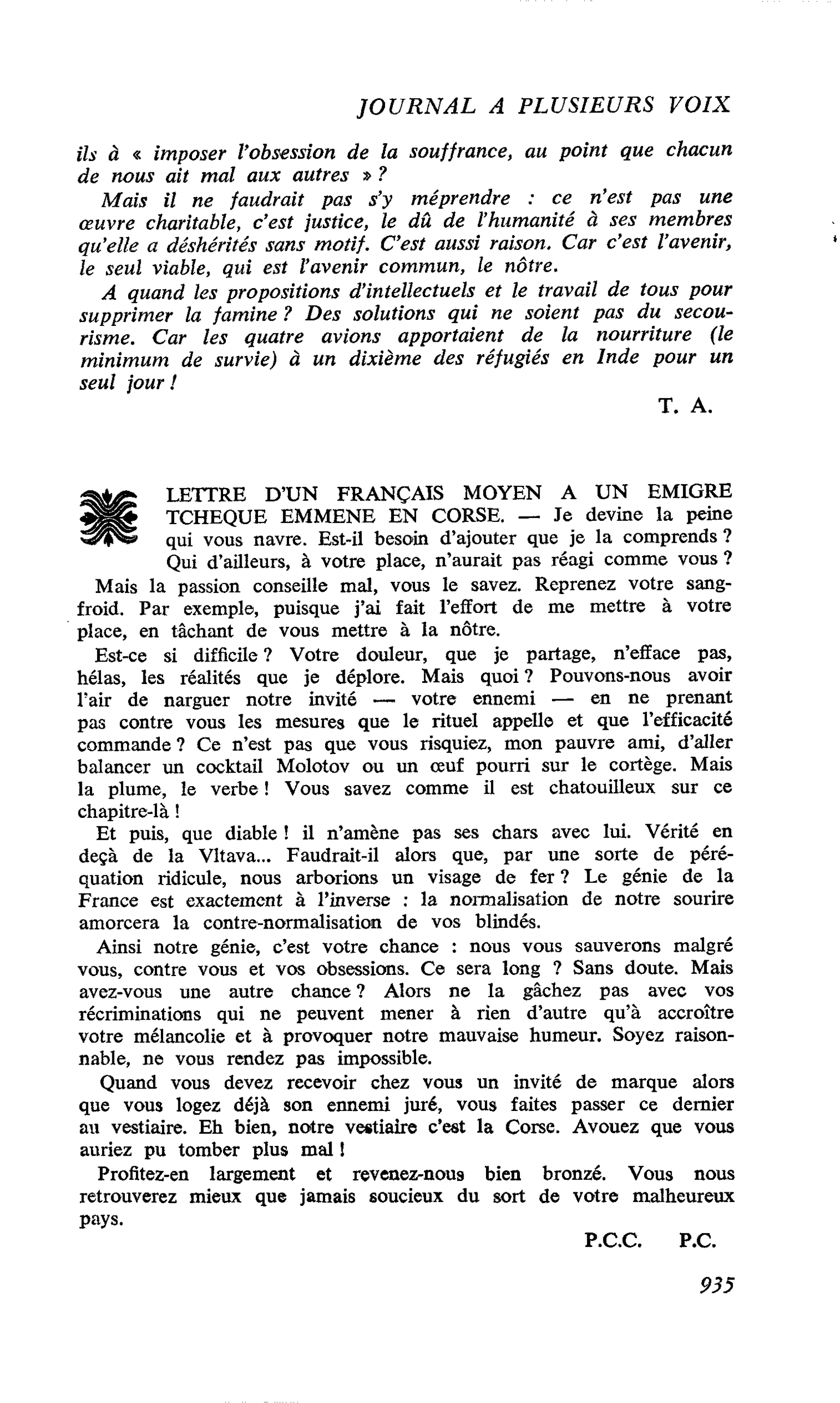 LETTRE D’UN FRANÇAIS MOYEN A UN EMIGRE TCHEQUE EMMENE EN CORSE