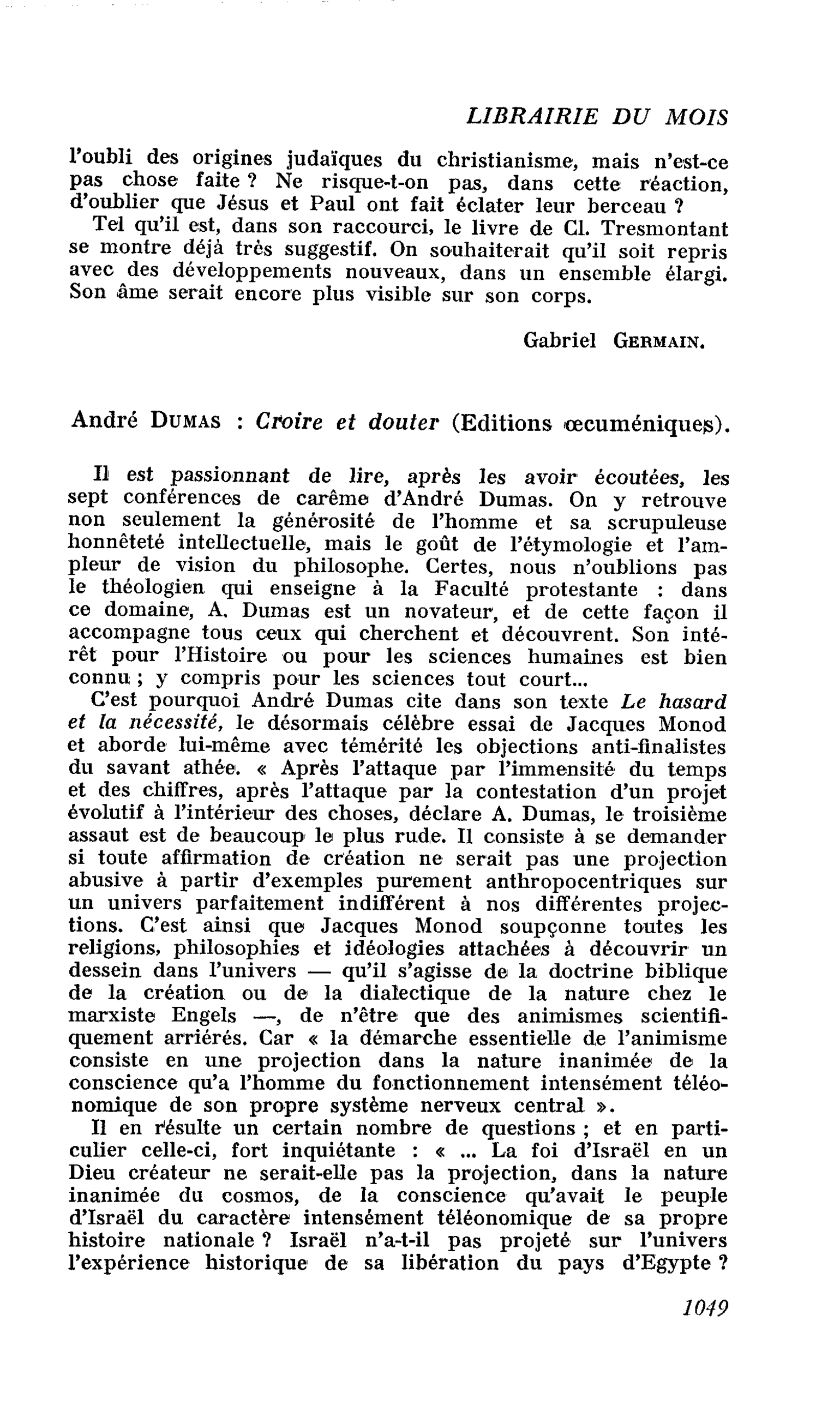 André Dumas : Croire et douter