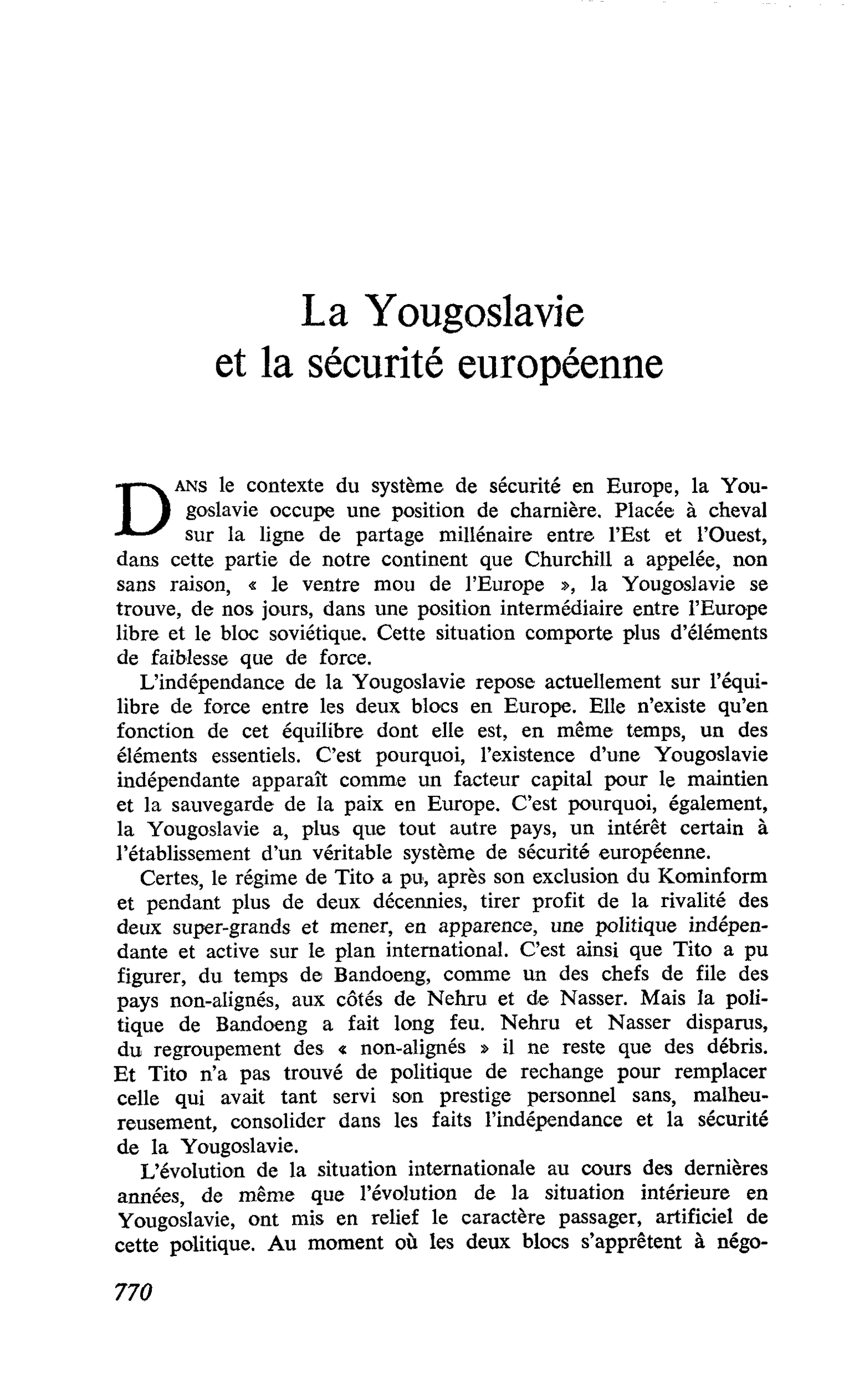 La Yougoslavie et la sécurité européenne