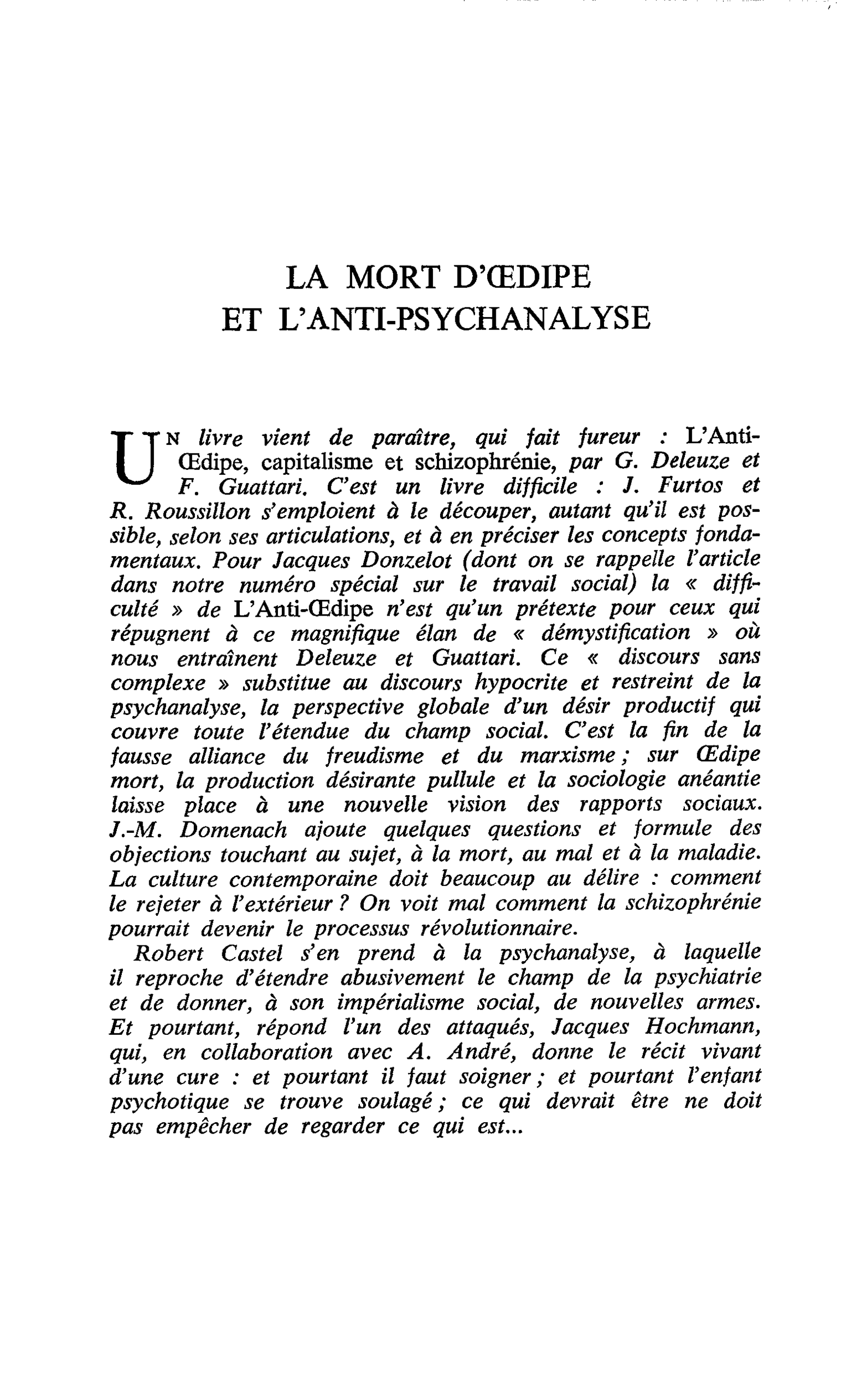 LA MORT D’OEDIPE ET L’ANTI-PSYCHANALYSE