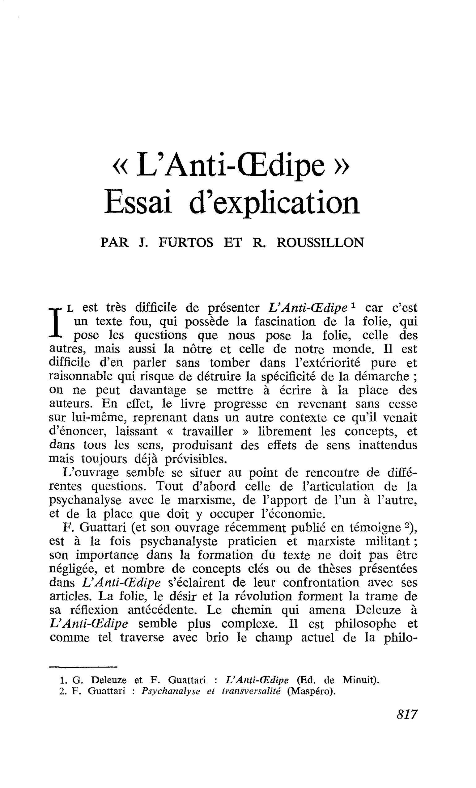 « L’Anti-Oedipe » Essai d’explication
