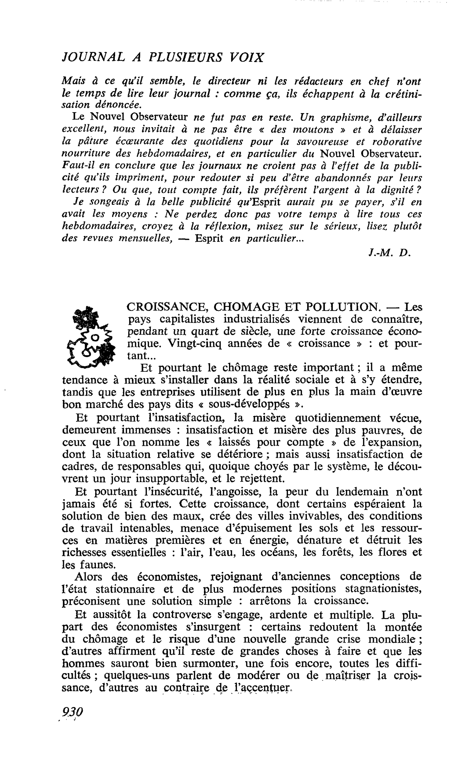CROISSANCE, CHOMAGE ET POLLUTION