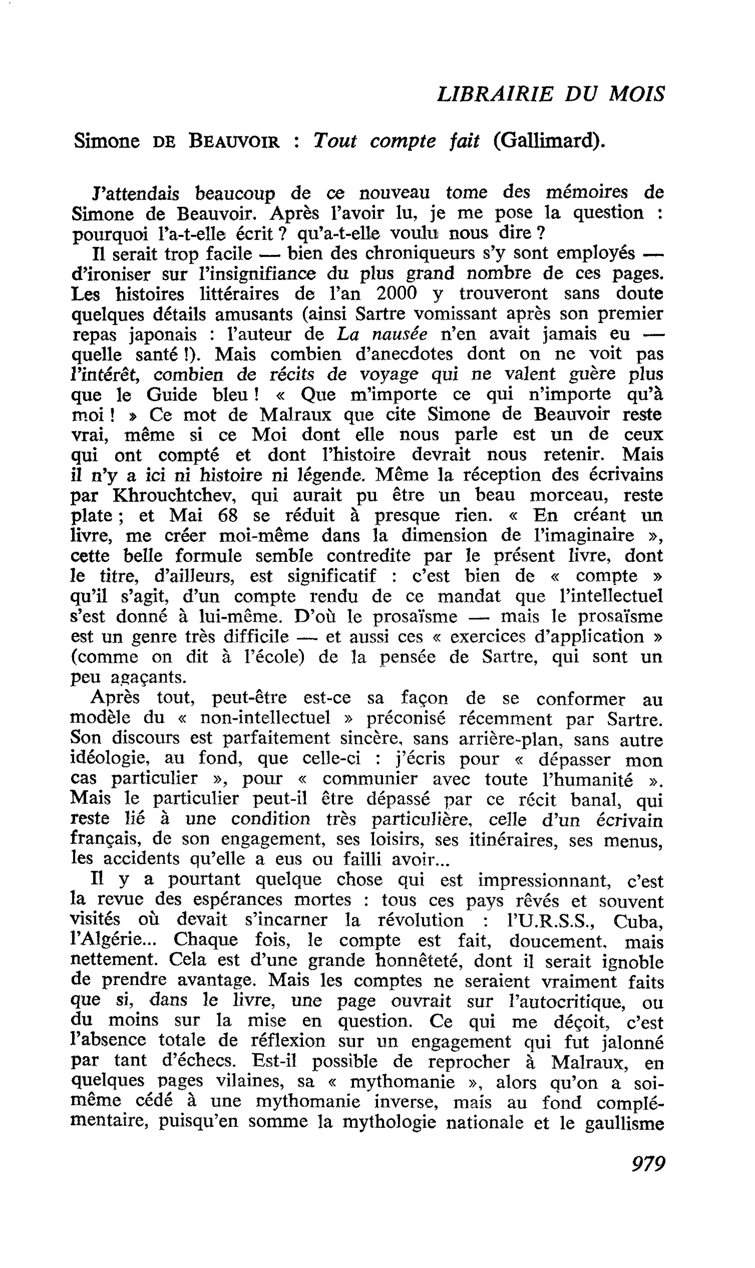 Simone de Beauvoir : Tout compte fait