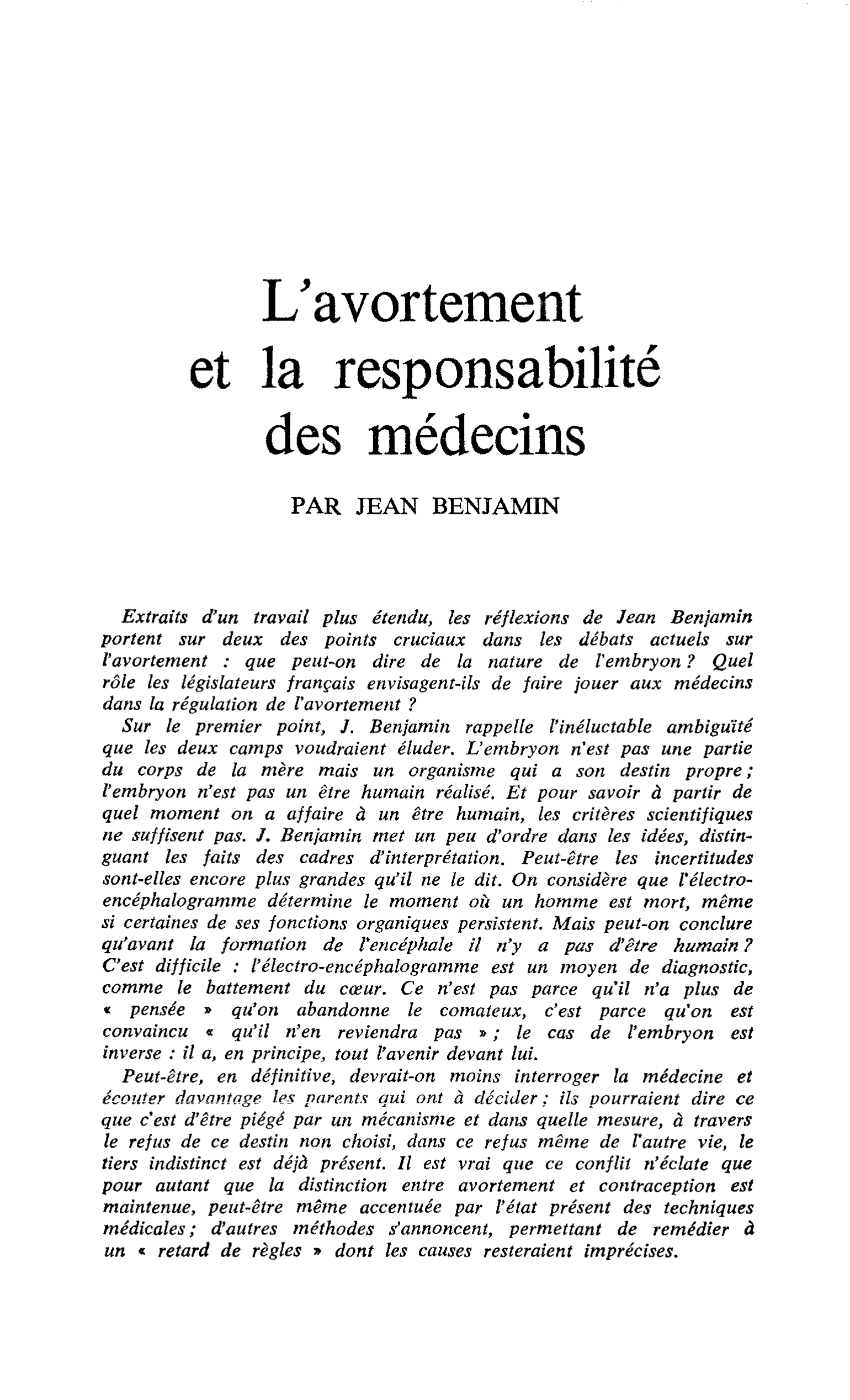 L’avortement et la responsabilité des médecins
