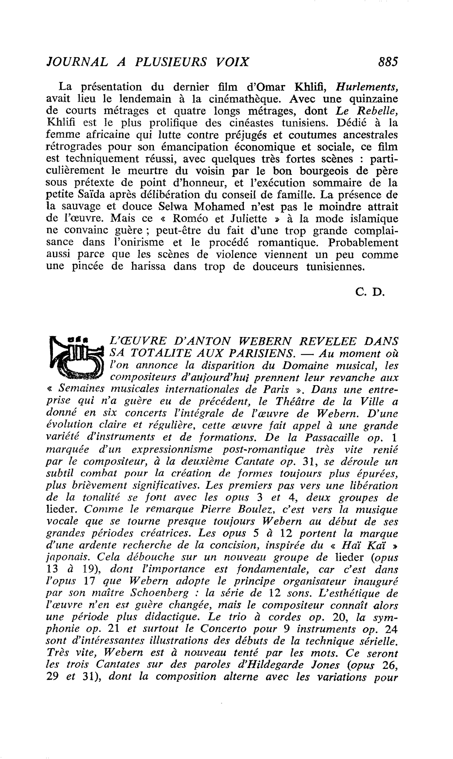 L’OEUVRE D’ANTON WEBERN REVELEE DANS SA TOTALITE AUX PARISIENS
