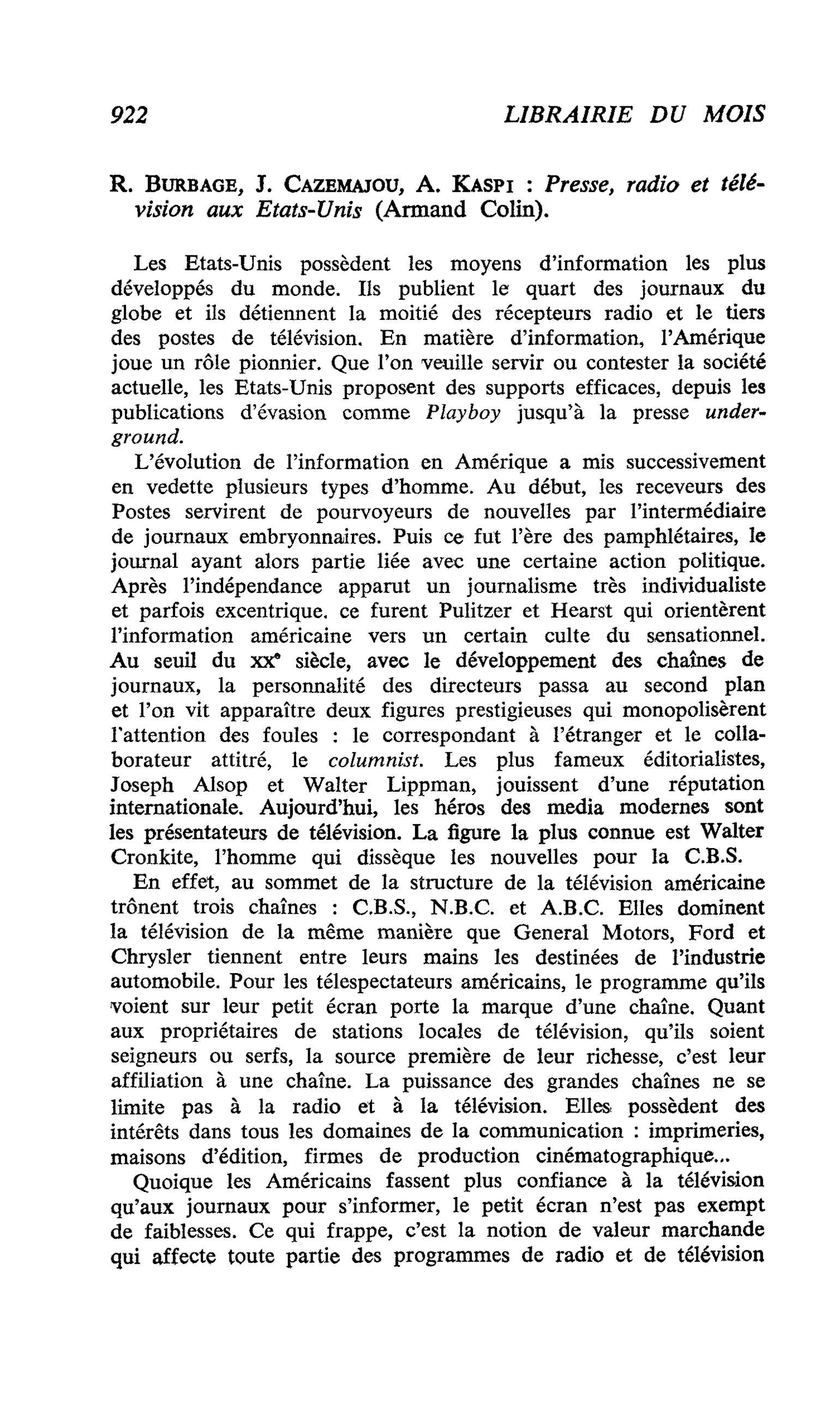 R. Burbage, J. Cazemajou, A. Kaspi : Presse, radio et télévision aux Etats-Unis