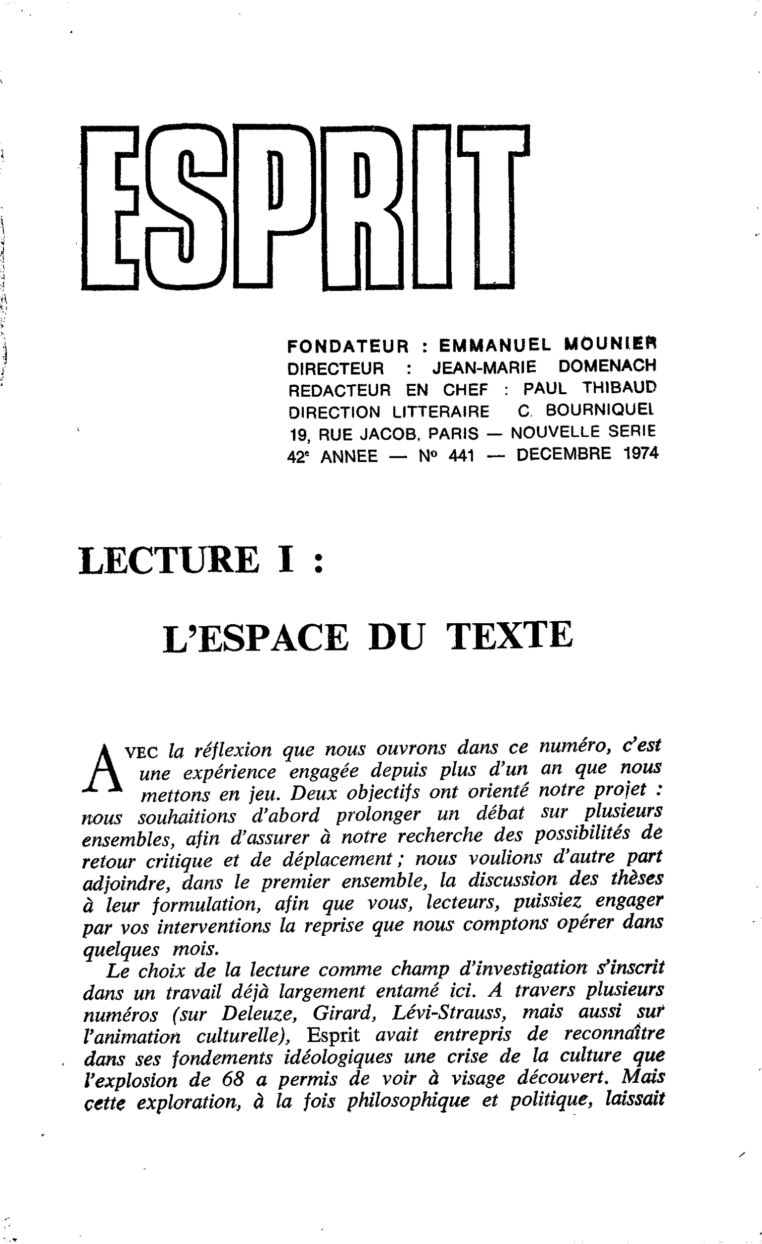 LECTURE I : L’ESPACE DU TEXTE