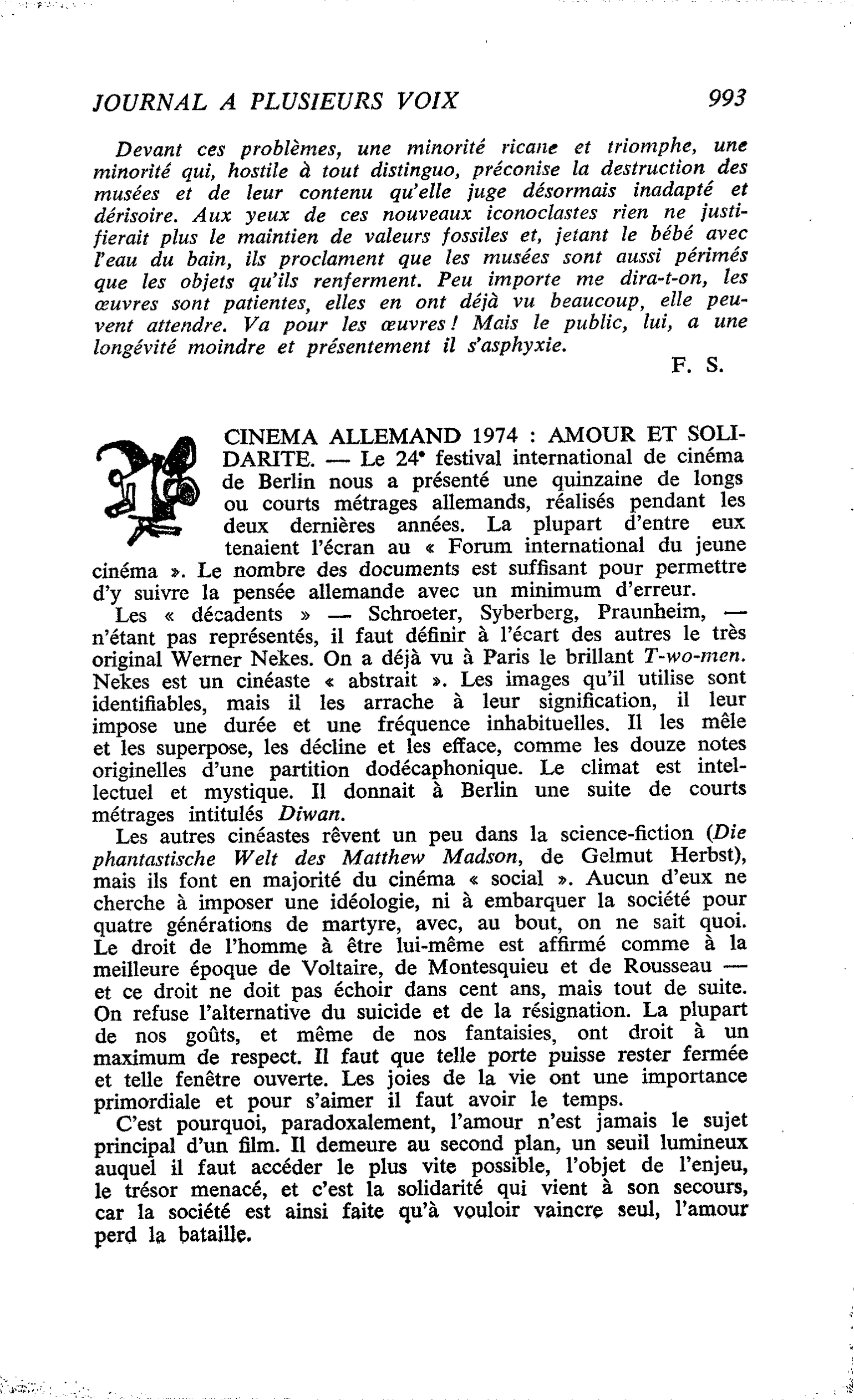 CINEMA ALLEMAND 1974 : AMOUR ET SOLIDARITE