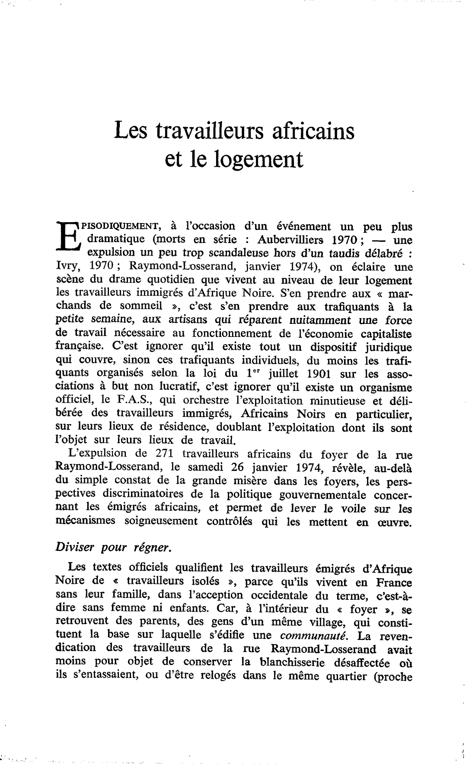 Les travailleurs africains et le logement