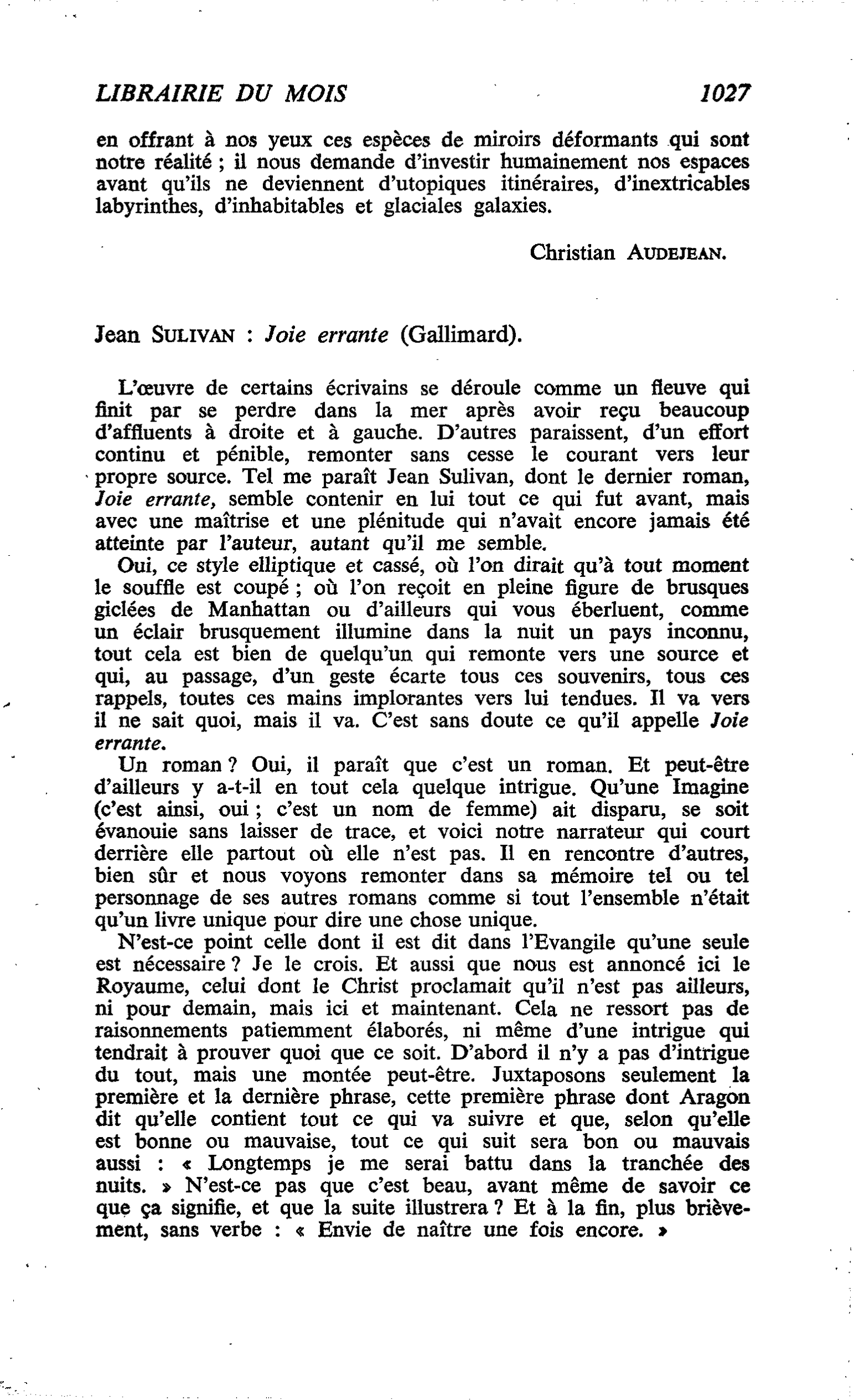 Jean Sulivan : Joie errante