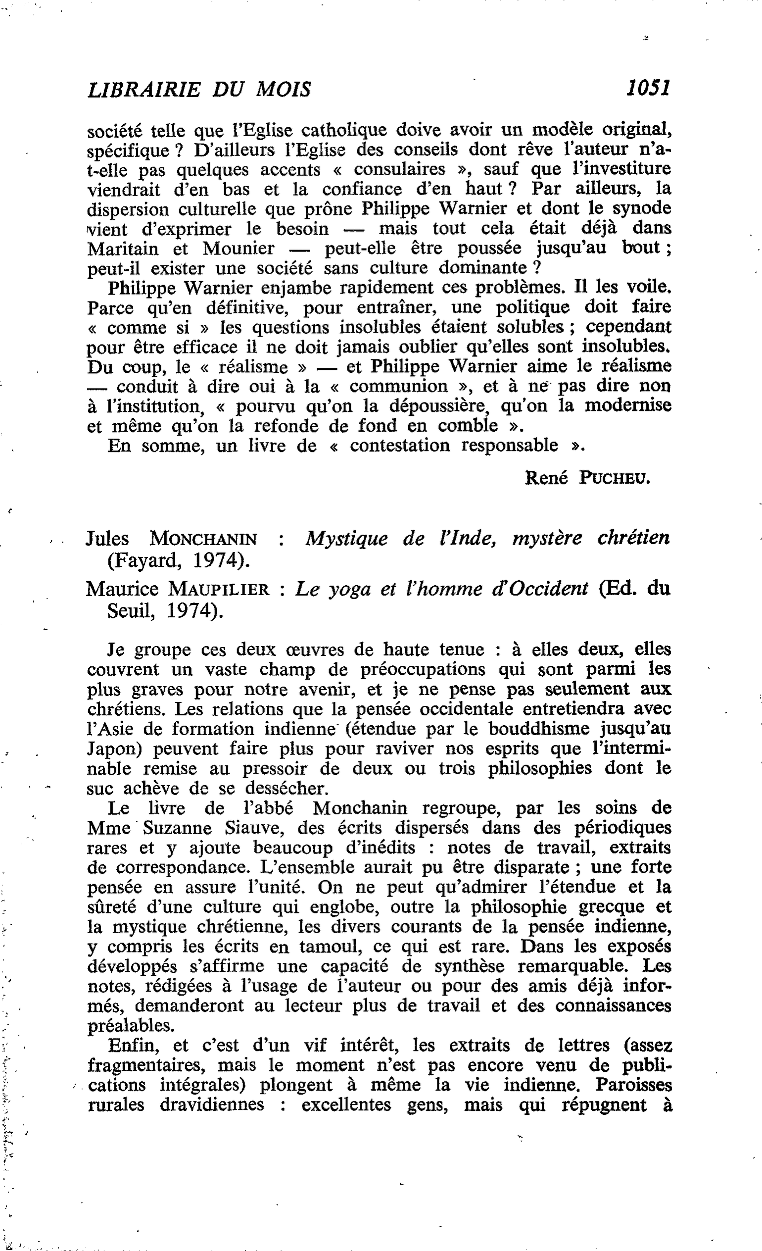 Jules Monchanin : Mystique de l’Inde, mystère chrétien. Maurice Maupilier : Le yoga et l’homme d’Occident