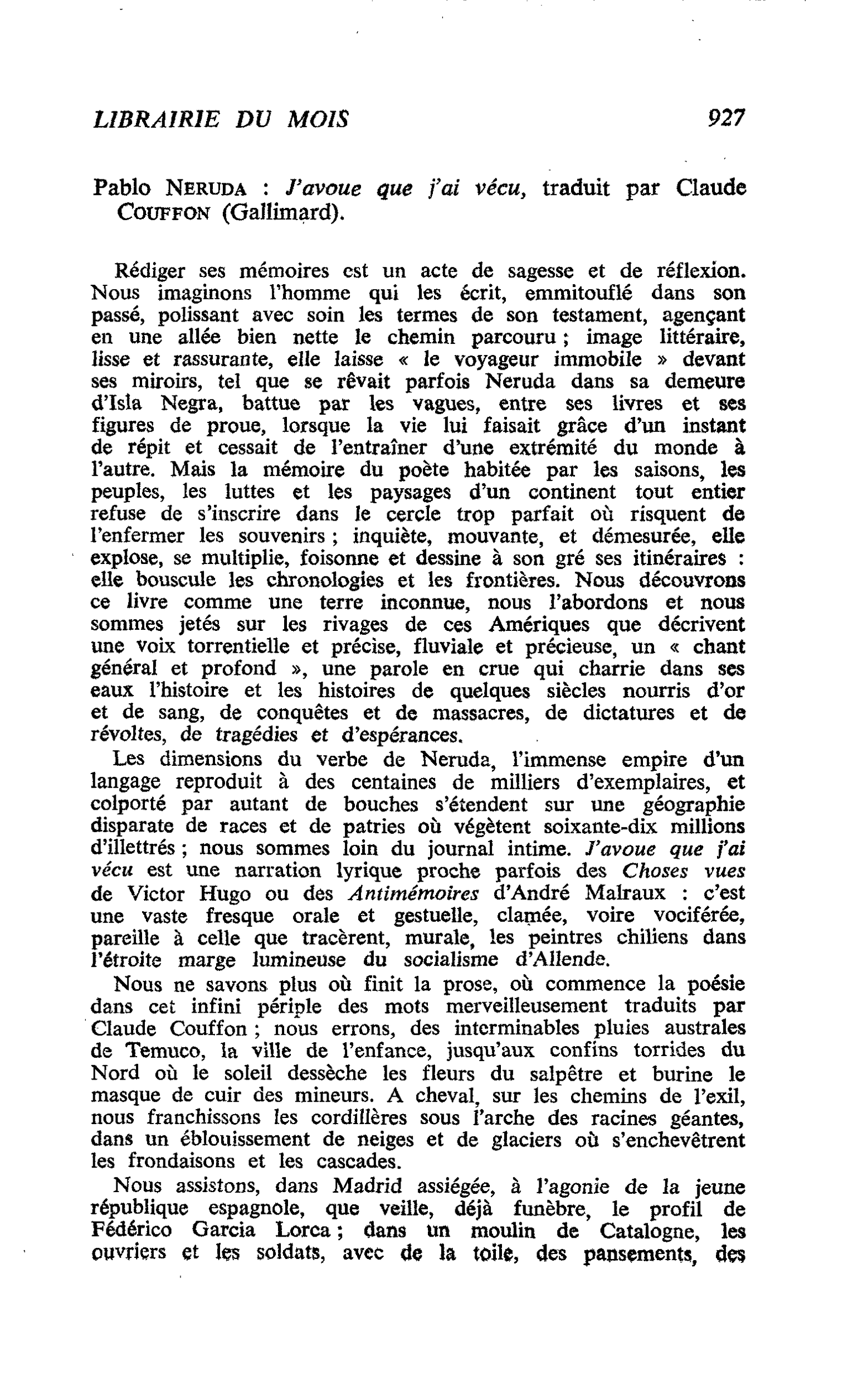 Pablo Neruda : J’avoue que j’ai vécu