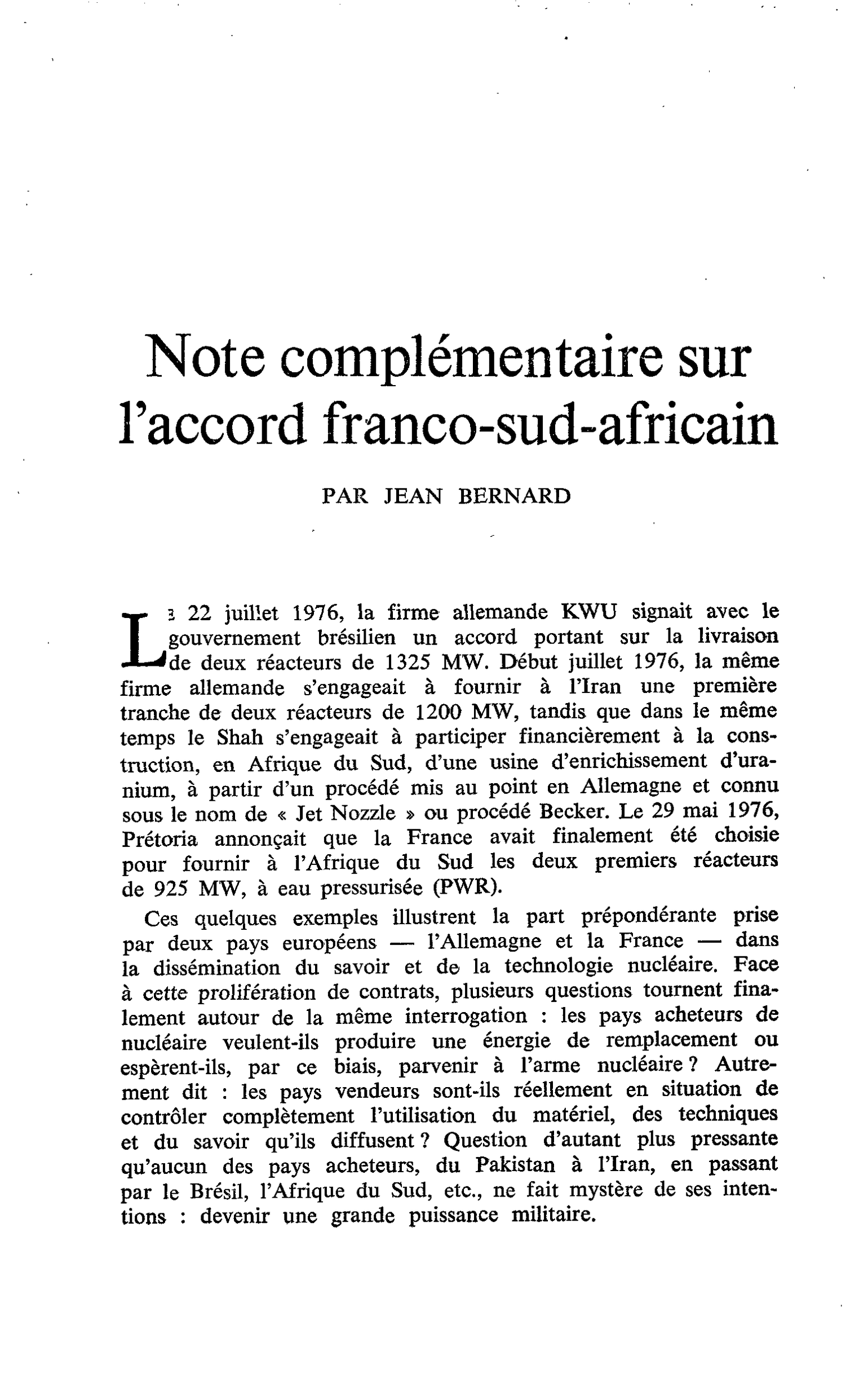 Note complémentaire sur l’accord franco-sud-africain