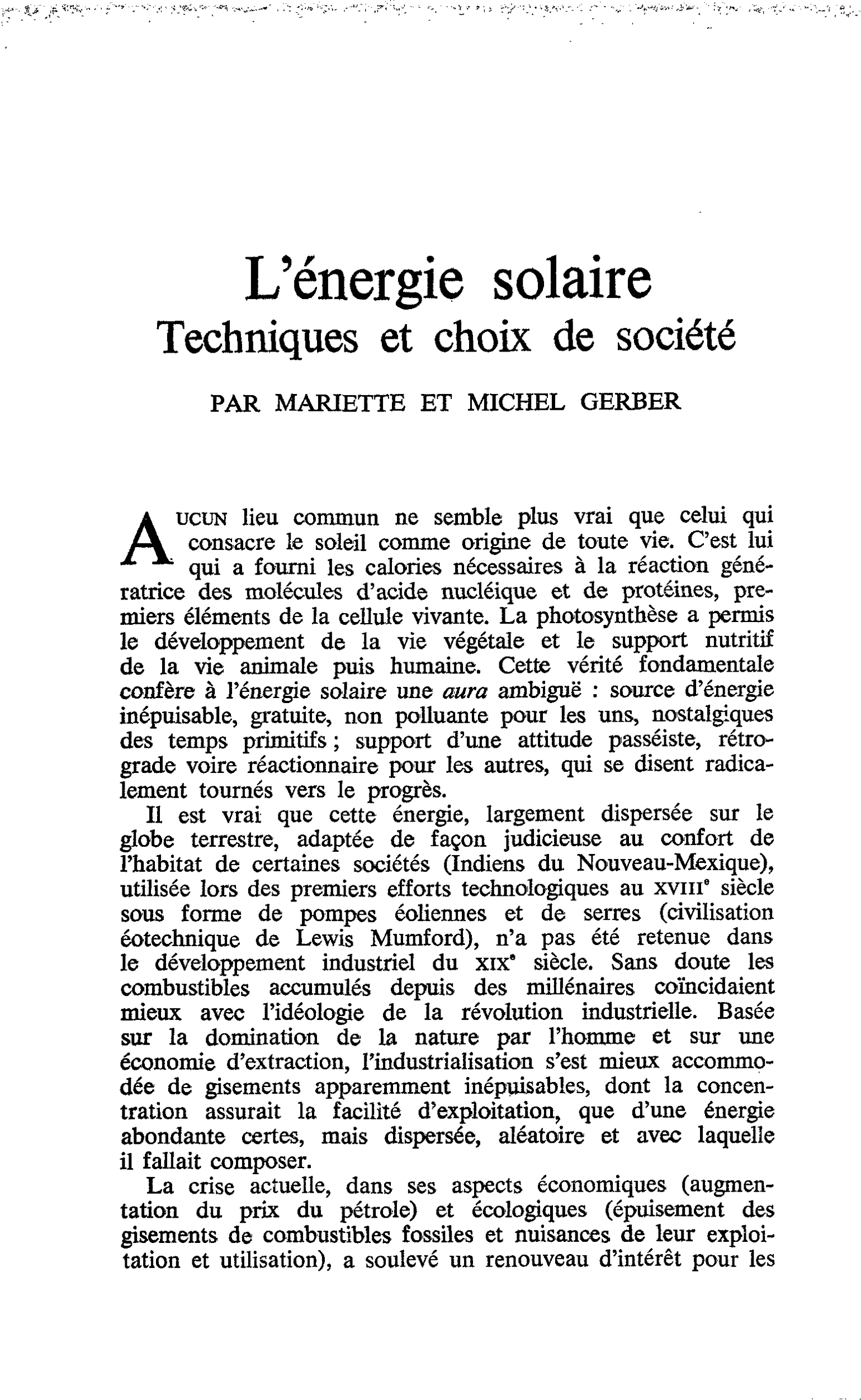 L’énergie solaire. Techniques et choix de société