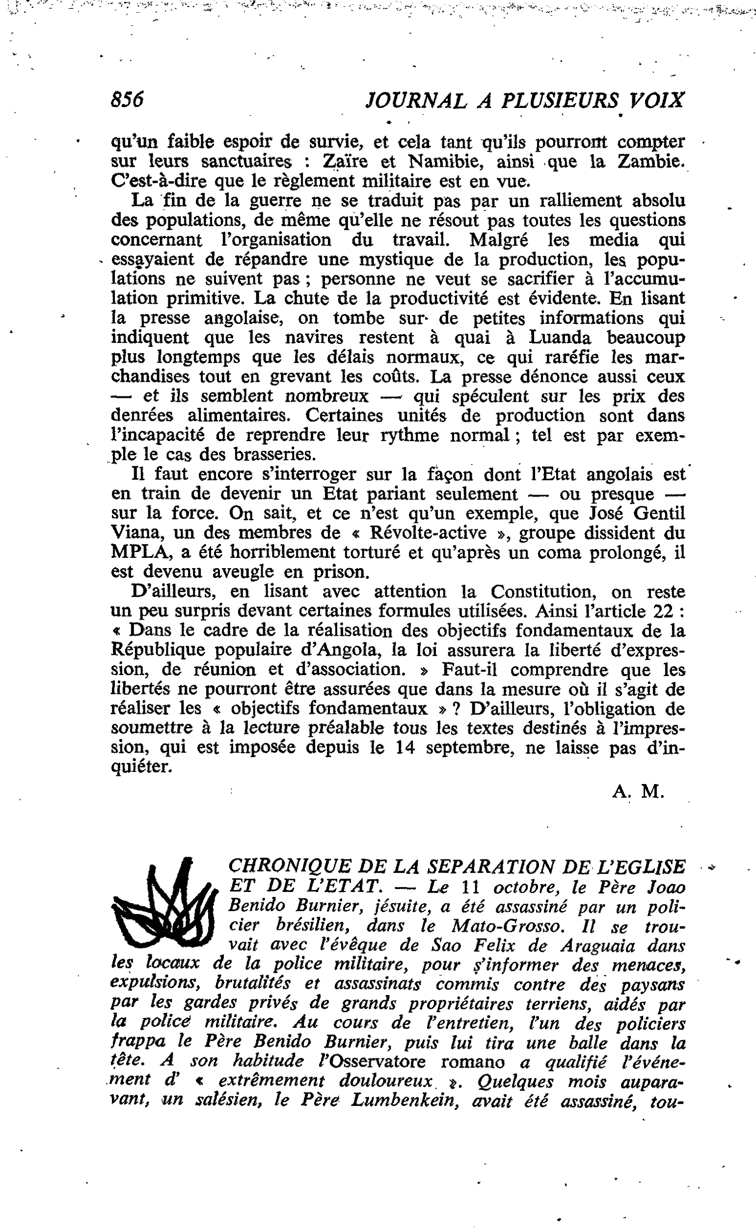 CHRONIQUE DE LA SEPARATION DE L’EGLISE ET DE L’ETAT