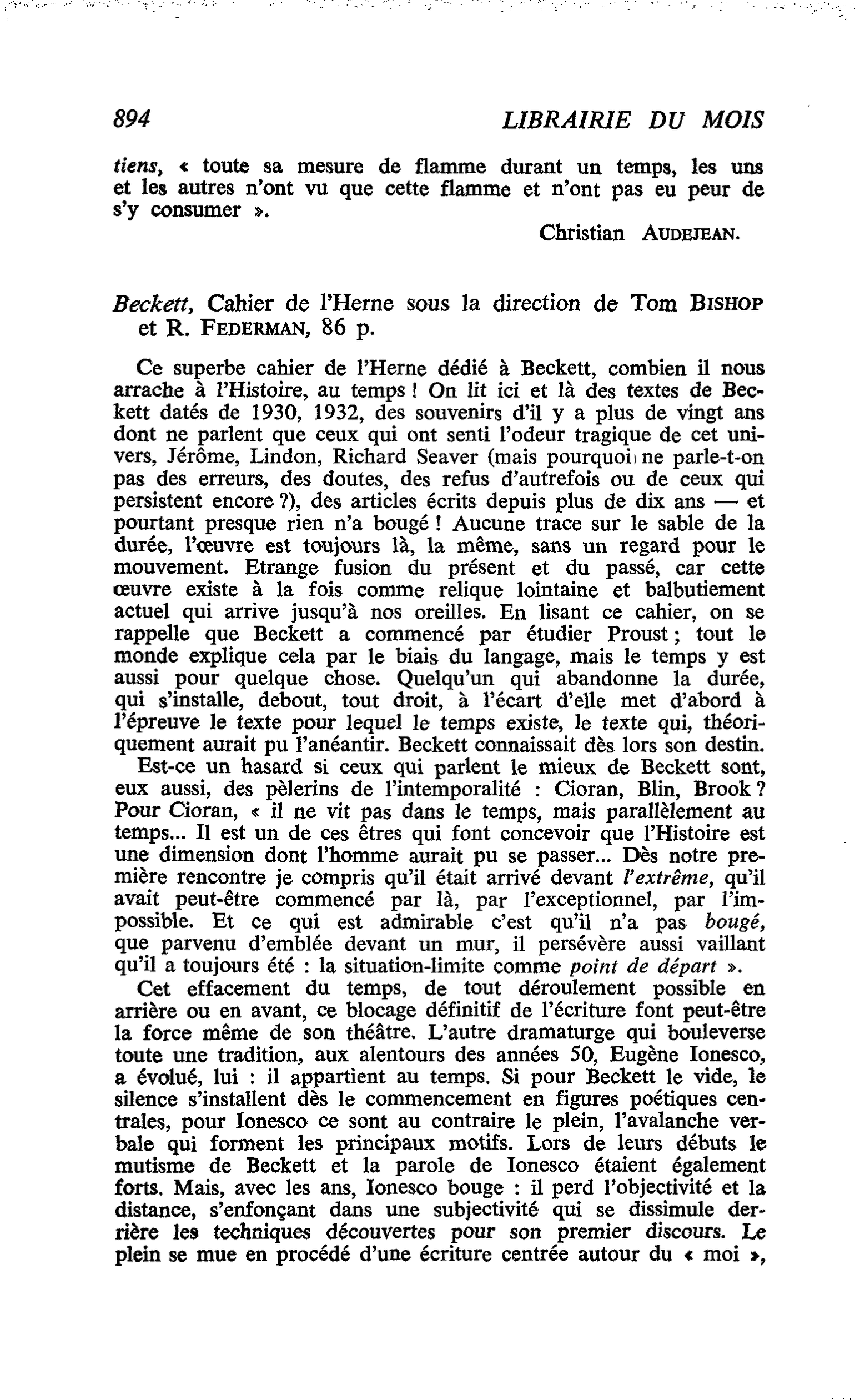 Beckett, Cahier de Herne sous la direction de Tom Bishop et R. Federman