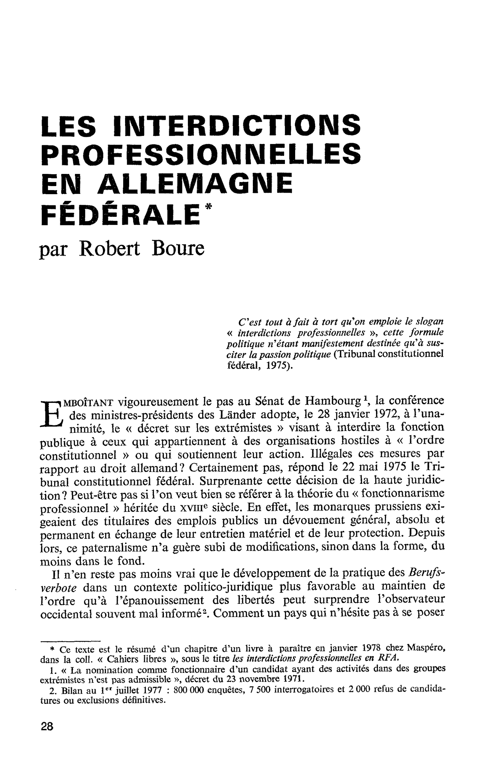 LES INTERDICTIONS PROFESSIONNELLES EN ALLEMAGNE FÉDÉRALE