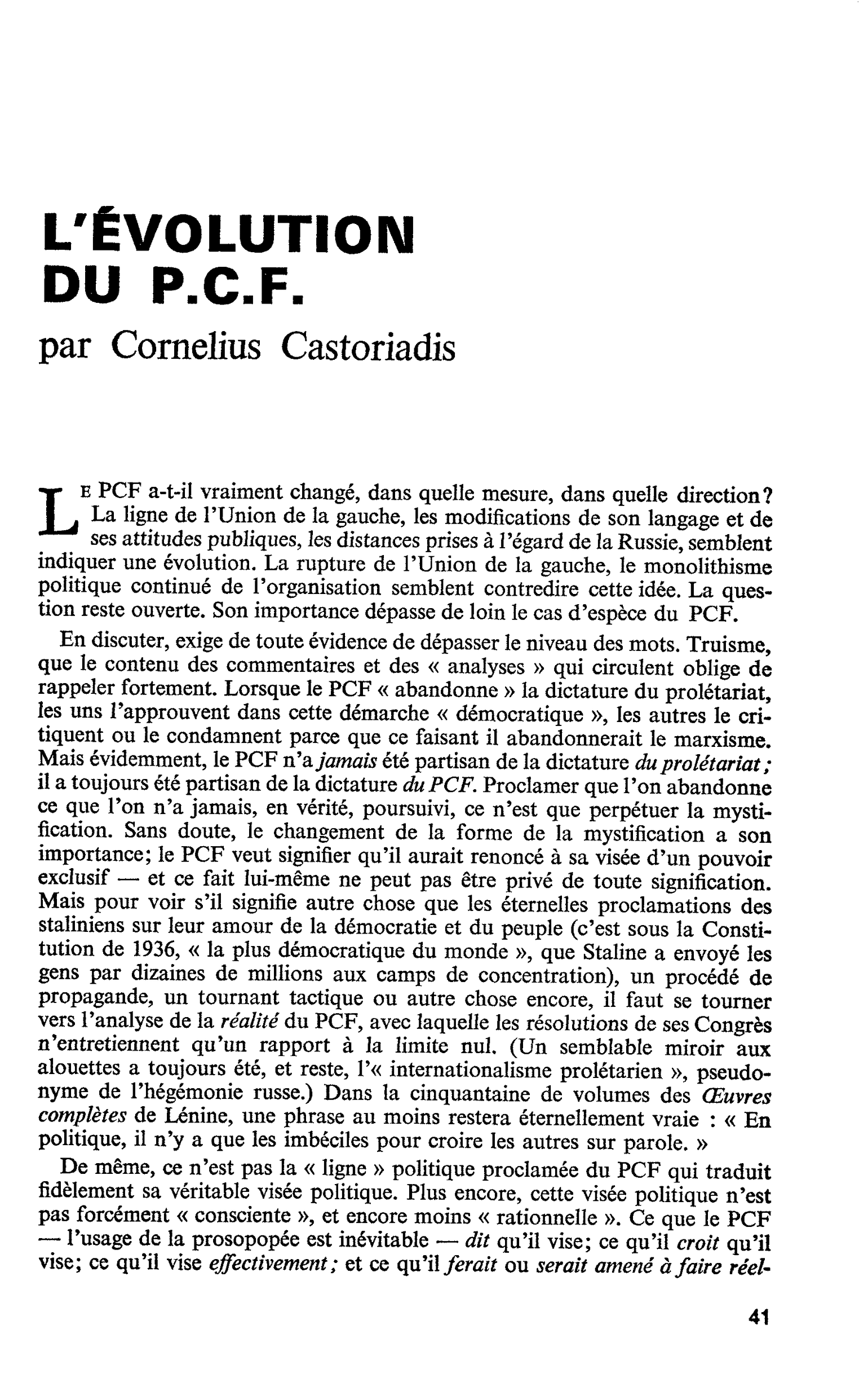 L’ÉVOLUTION DU P.C.F.