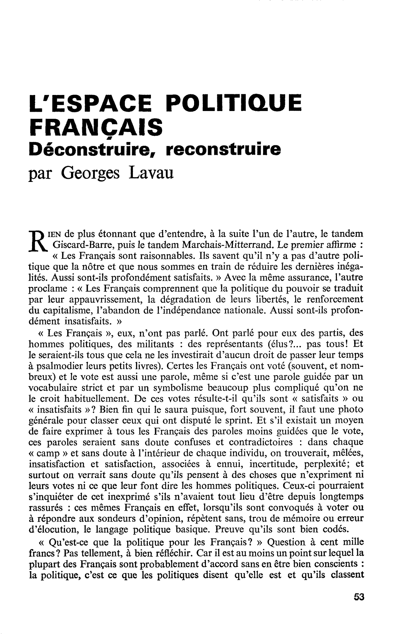 L’ESPACE POLITIQUE FRANÇAIS. Déconstruire, reconstruire