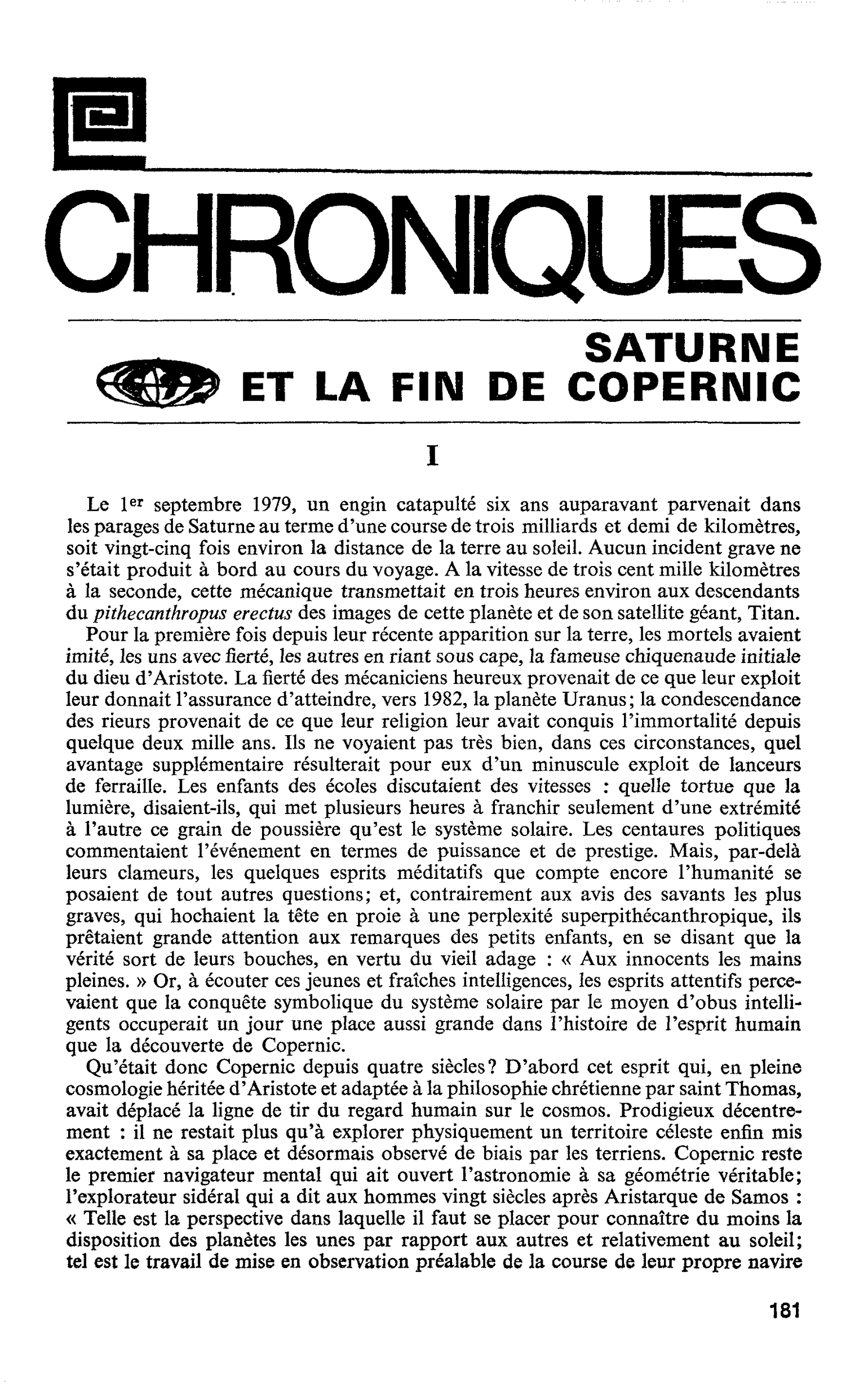 SATURNE ET LA FIN DE COPERNIC