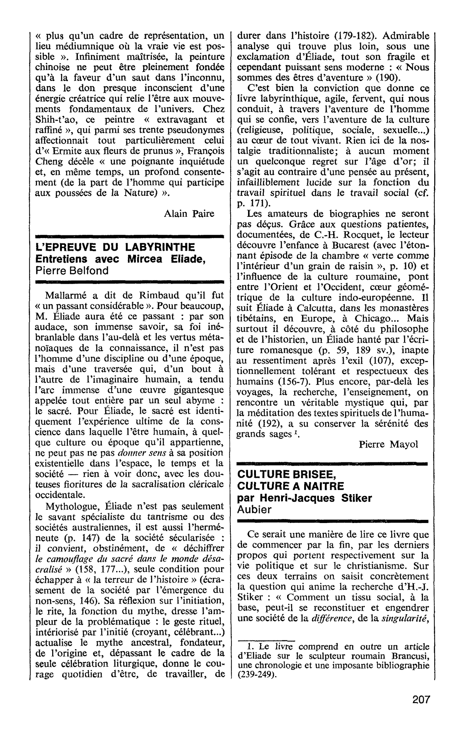 CULTURE BRISEE, CULTURE A NAITRE par Henri-Jacques Stiker