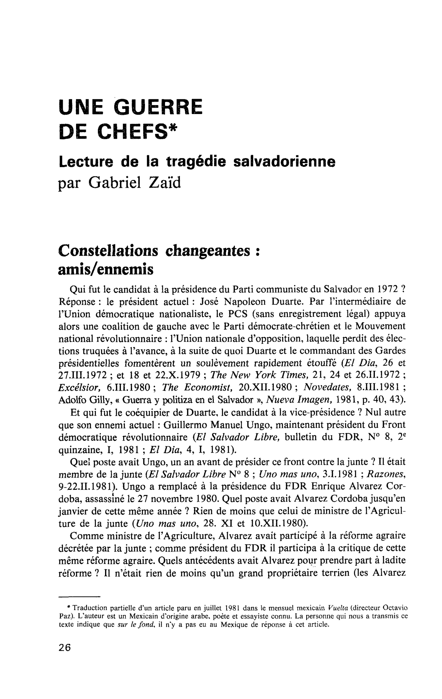 UNE GUERRE DE CHEFS. Lecture de la tragédie salvadorienne