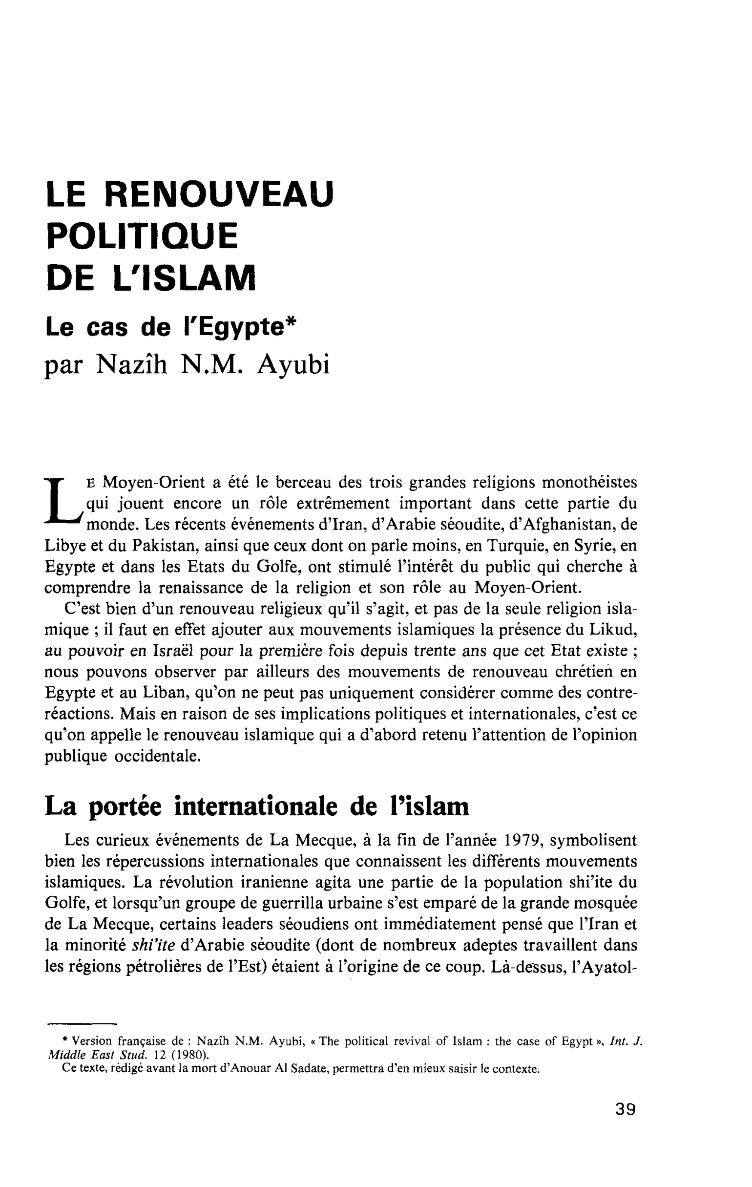 LE RENOUVEAU POLITIQUE DE L’ISLAM Le cas de l’Egypte