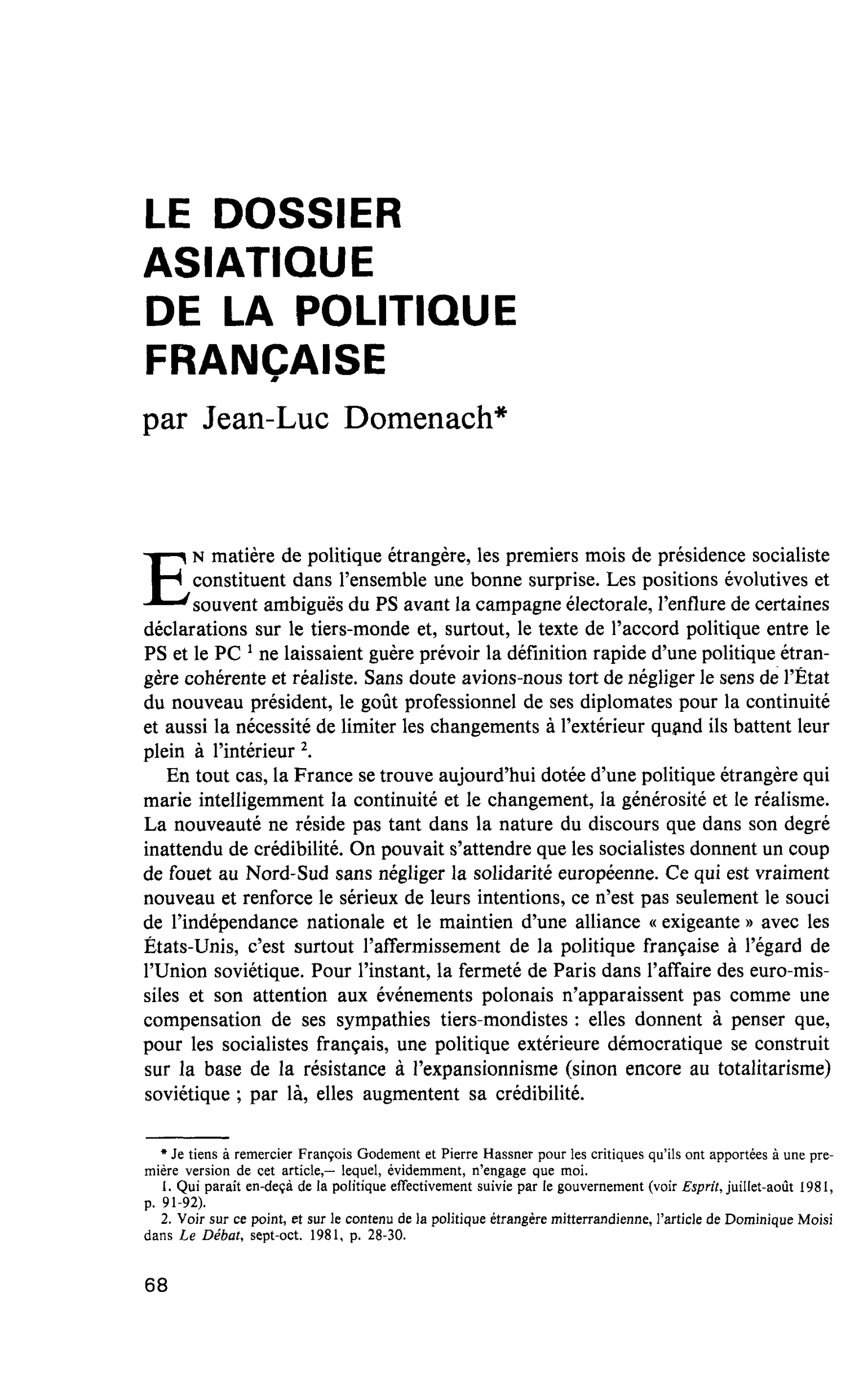 LE DOSSIER ASIATIQUE DE LA POLITIQUE FRANÇAISE