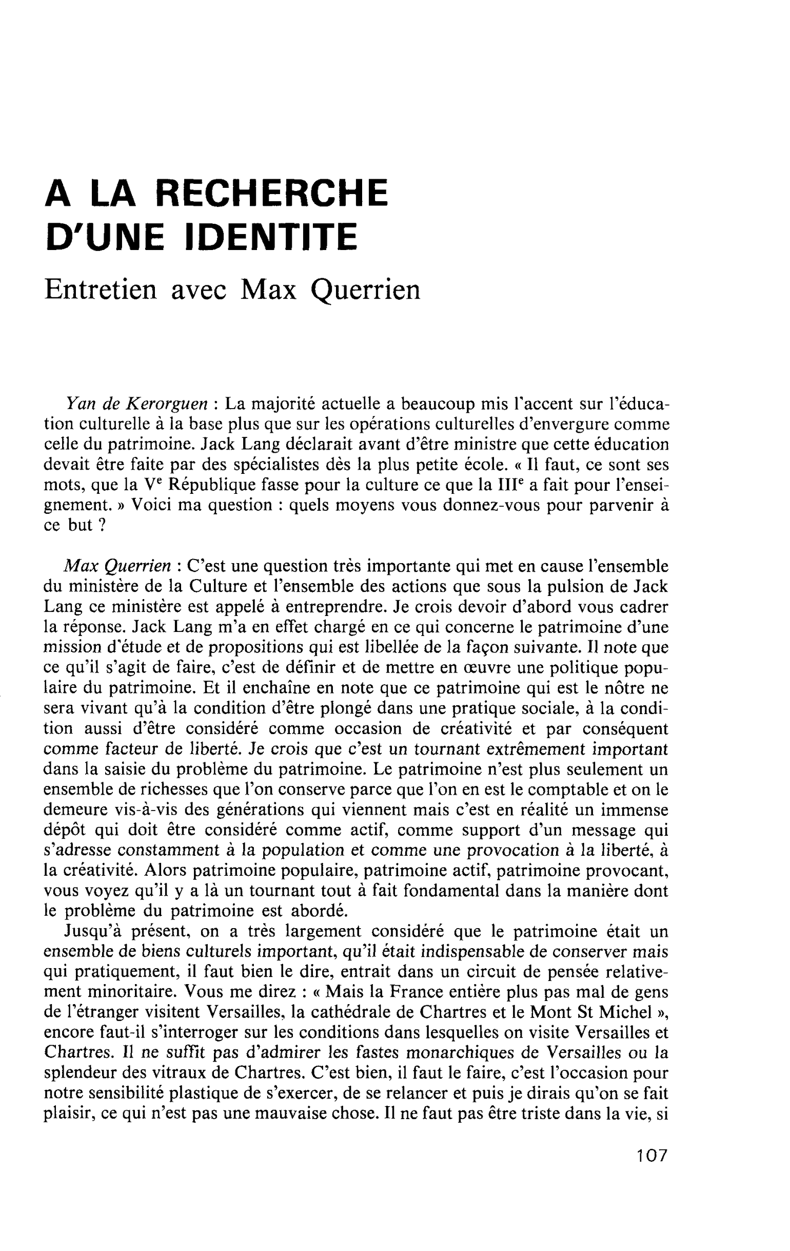 A LA RECHERCHE D’UNE IDENTITE. Entretien avec Max Querrien