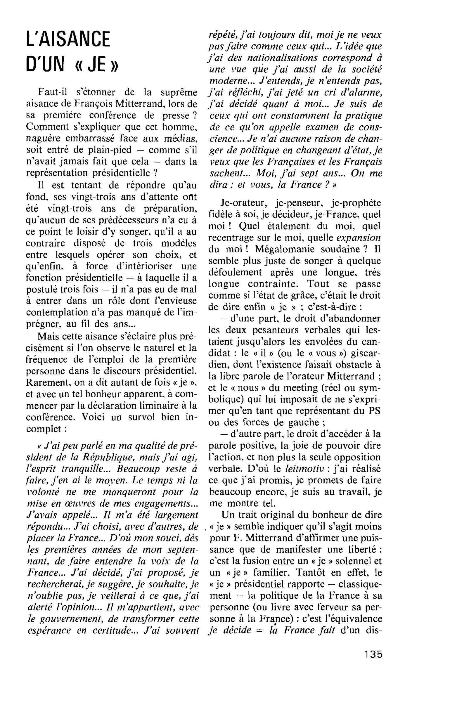 L’AISANCE D’UN « JE »