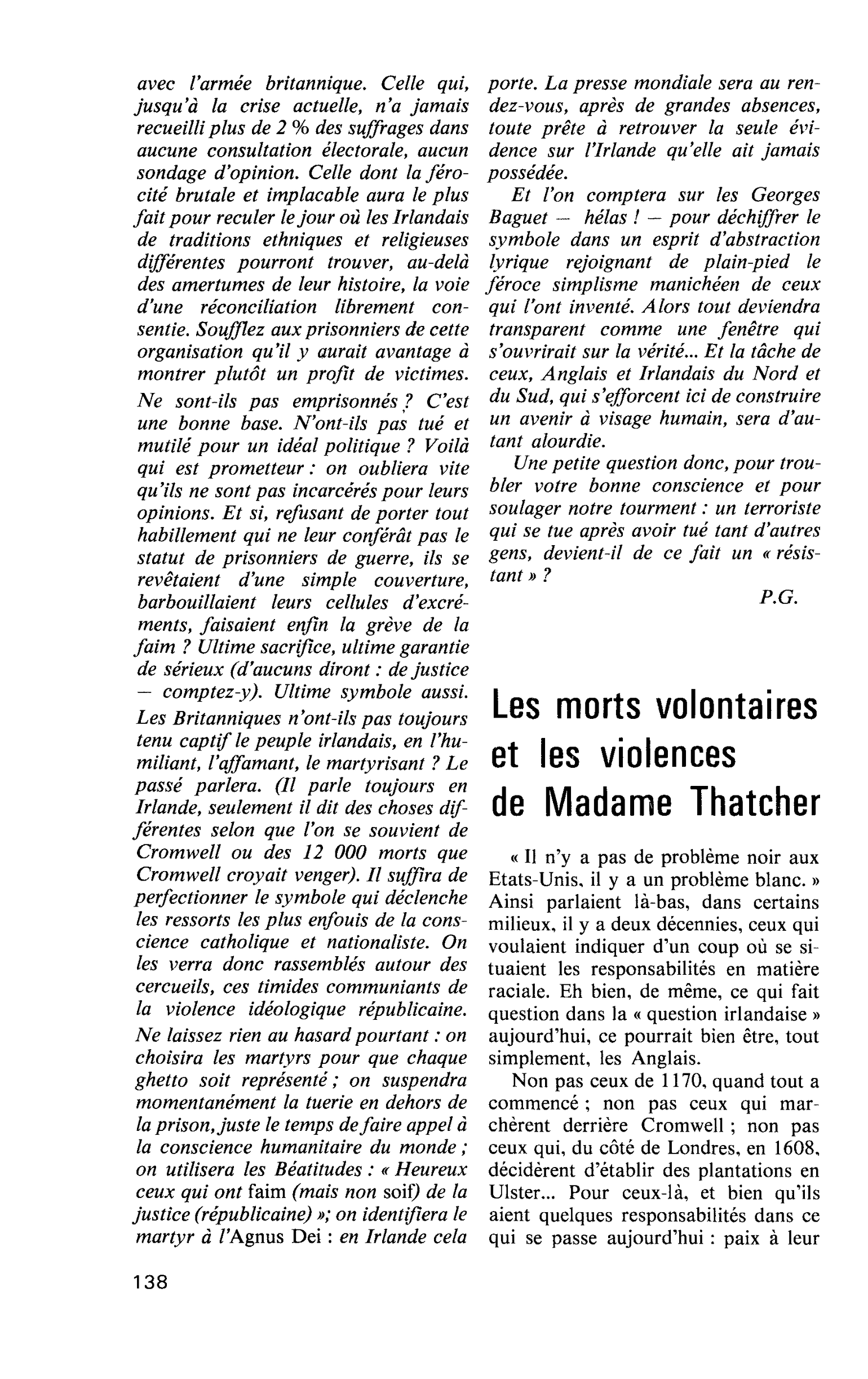 Les morts volontaires et les violences de Madame Thatcher