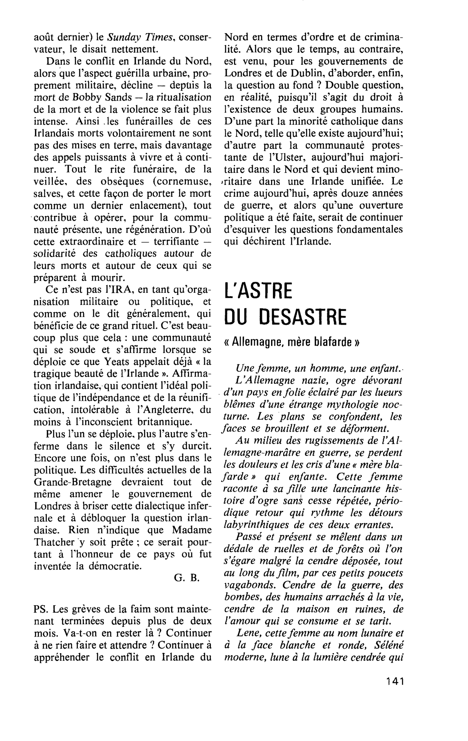 L’ASTRE DU DESASTRE. « Allemagne, mère blafarde »