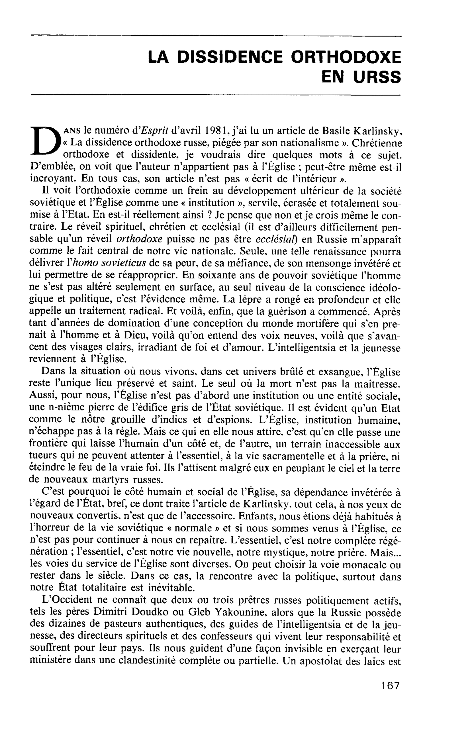LA DISSIDENCE ORTHODOXE EN URSS
