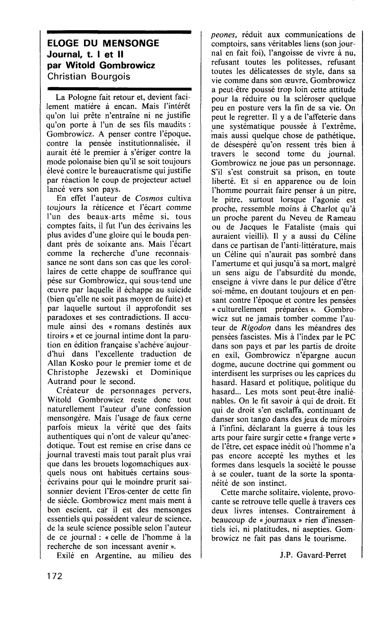 ELOGE DU MENSONGE. Journal, t. I et II par Witold Gombrowicz