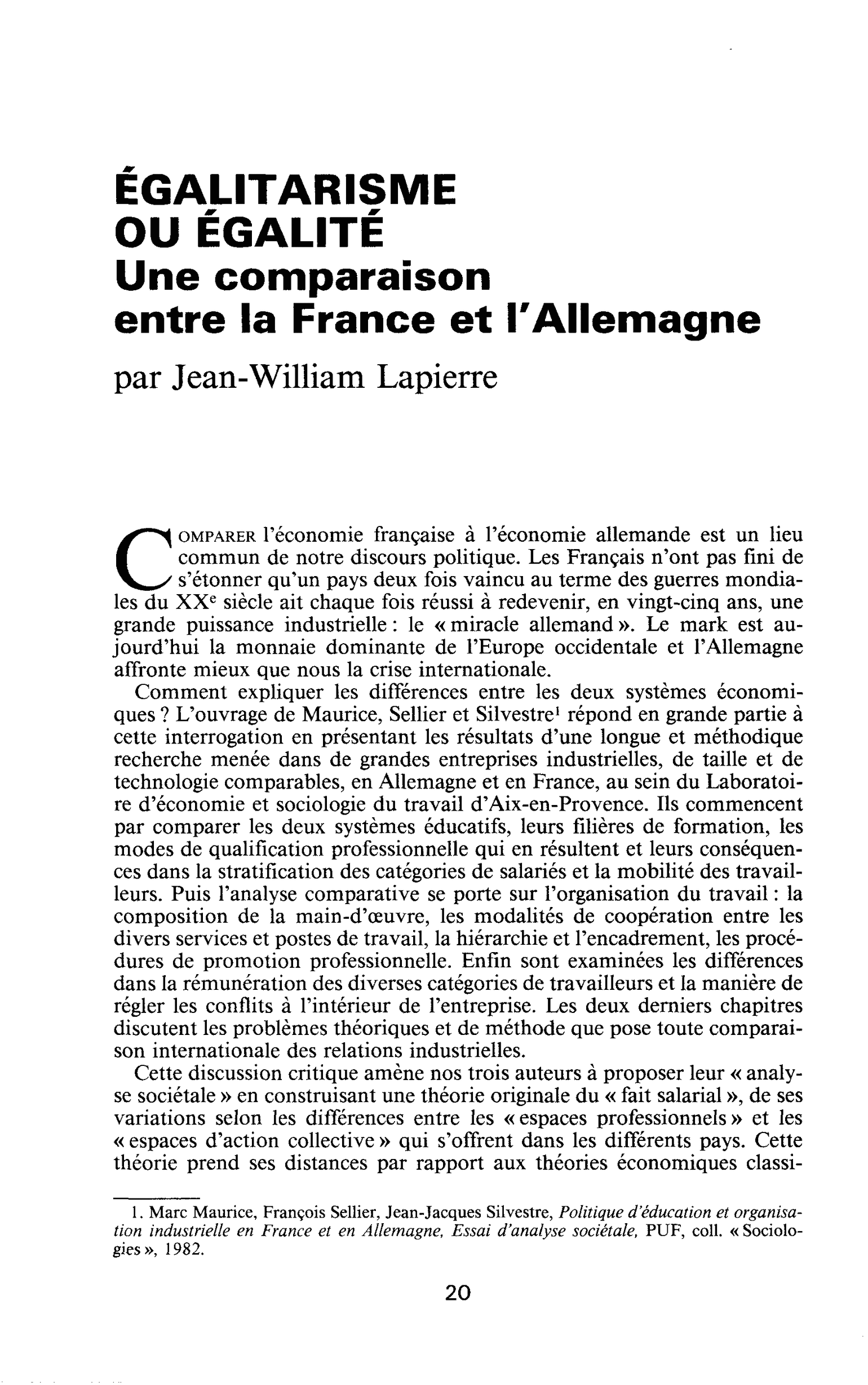 EGALITARISME OU ÉGALITÉ. Une comparaison entre la France et l’Allemagne