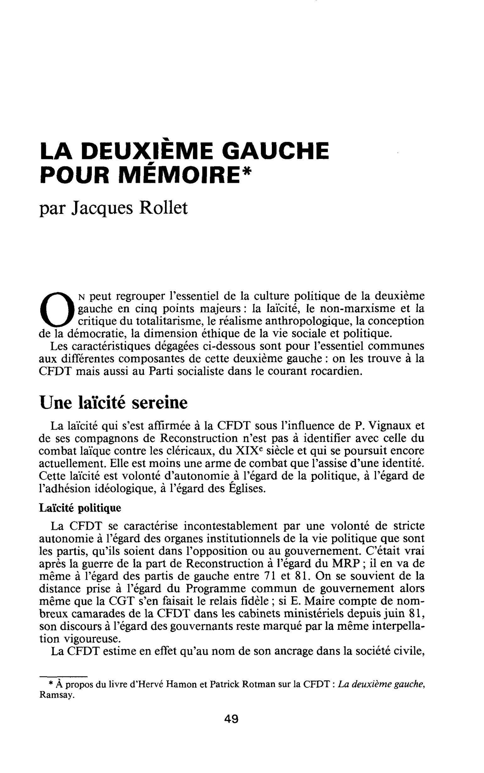 LA DEUXIEME GAUCHE POUR MÉMOIRE