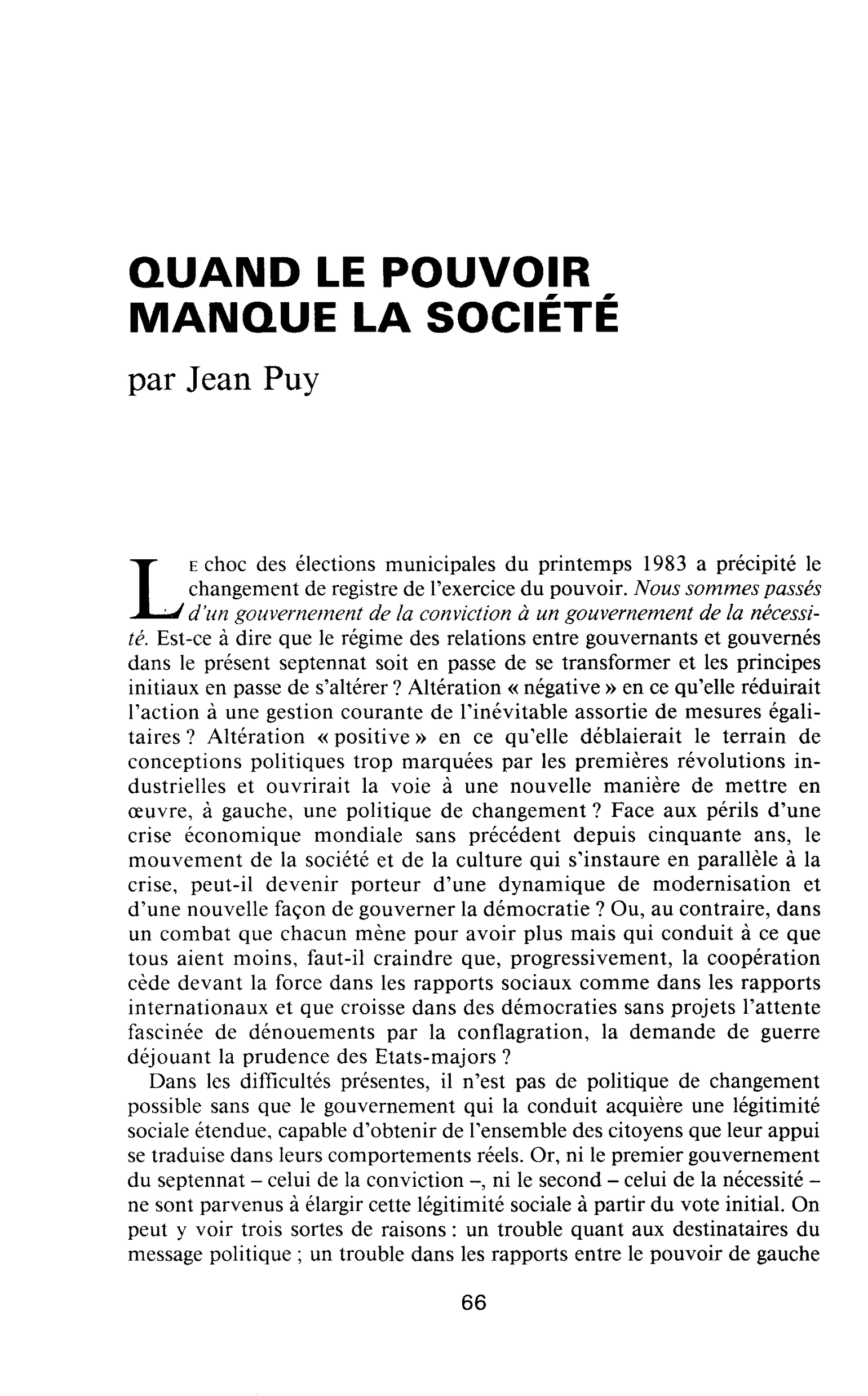 QUAND LE POUVOIR MANQUE LA SOCIÉTÉ