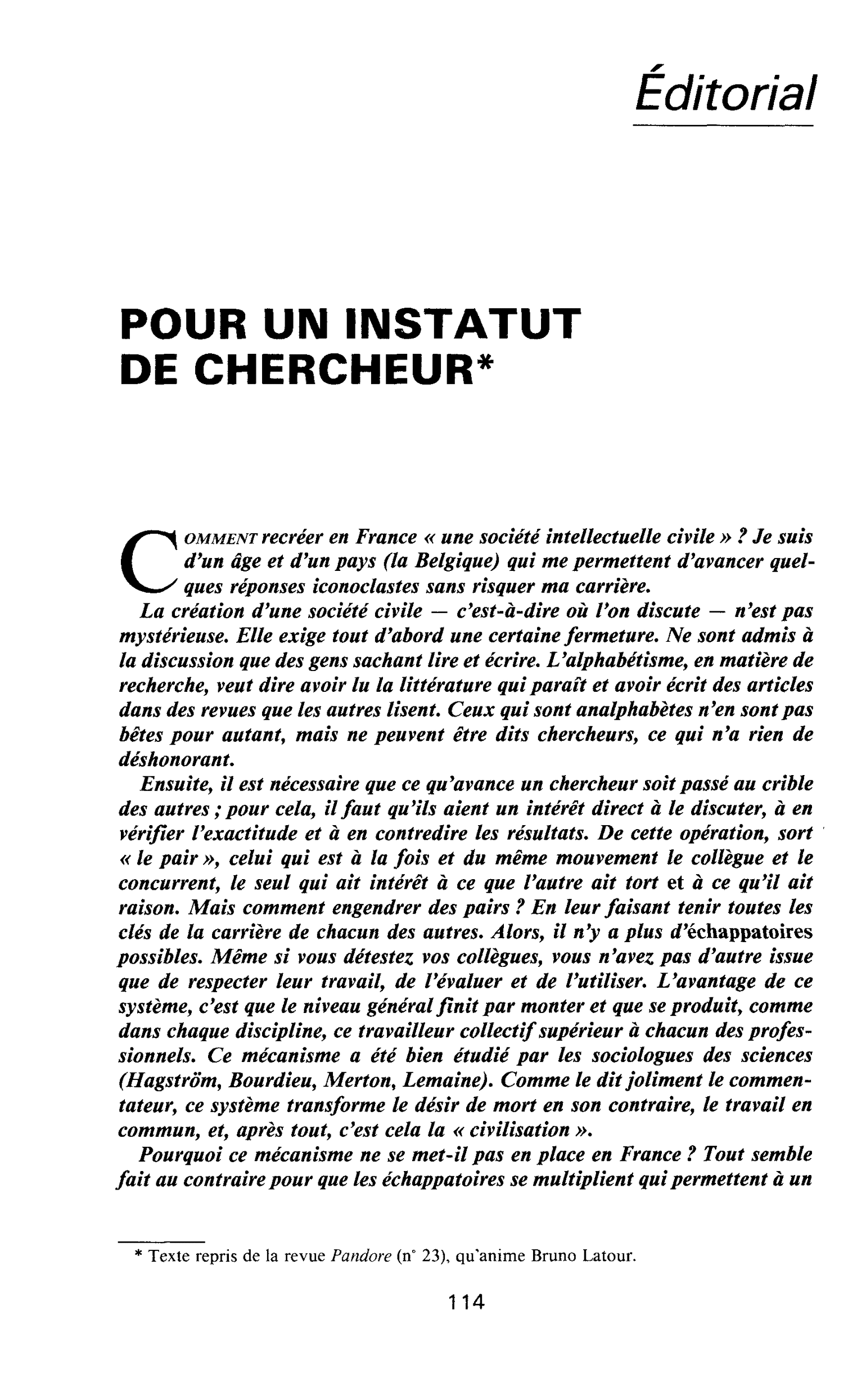 POUR UN INSTATUT DE CHERCHEUR