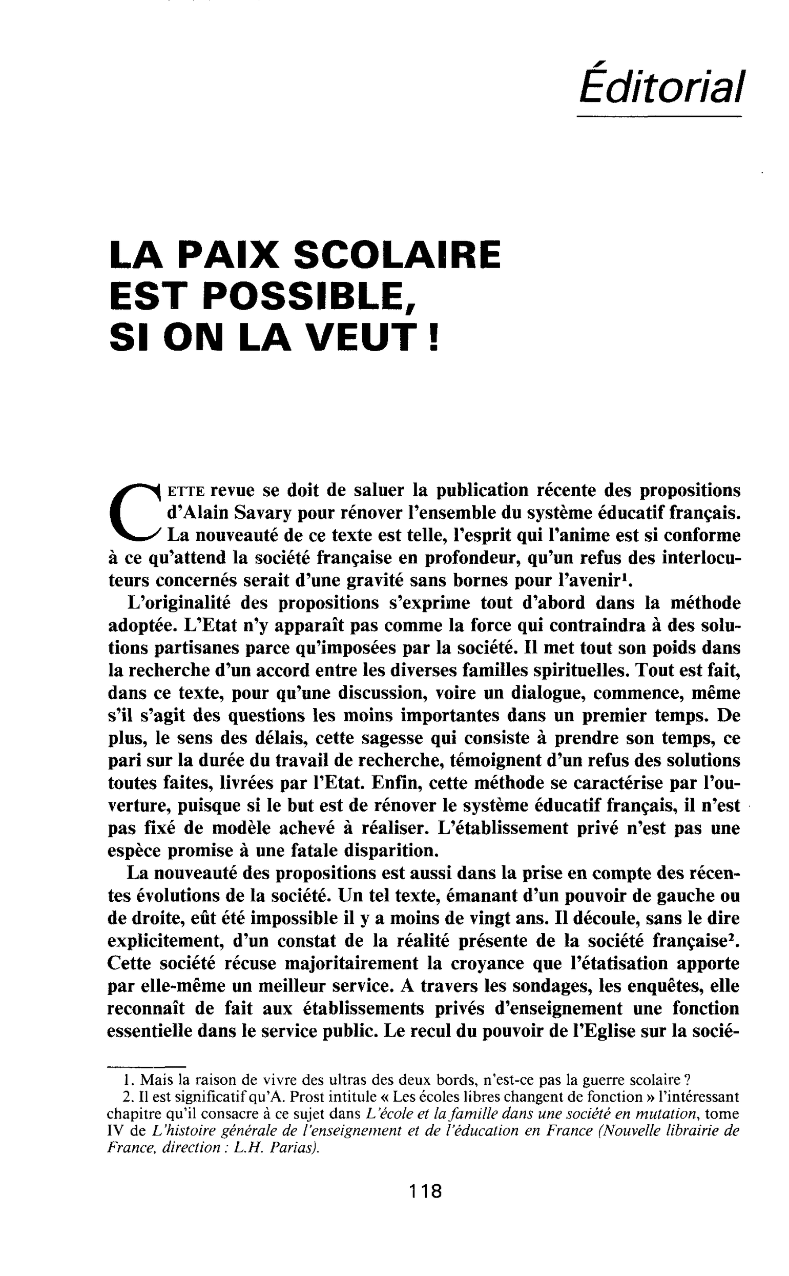 LA PAIX SCOLAIRE EST POSSIBLE, SI ON LA VEUT !