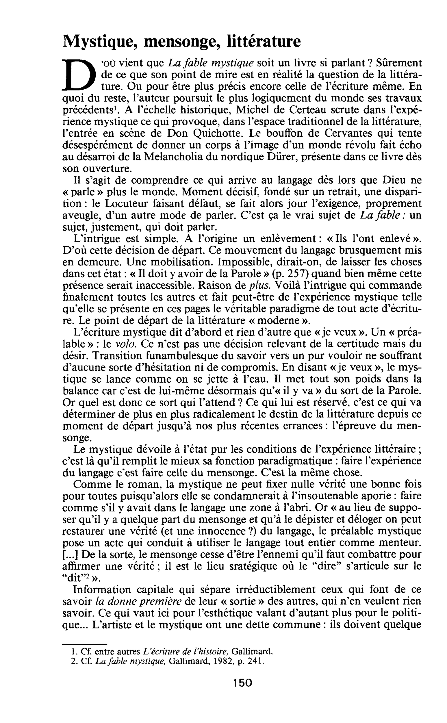 LA FABLE MYSTIQUE : Mystique, mensonge, littérature