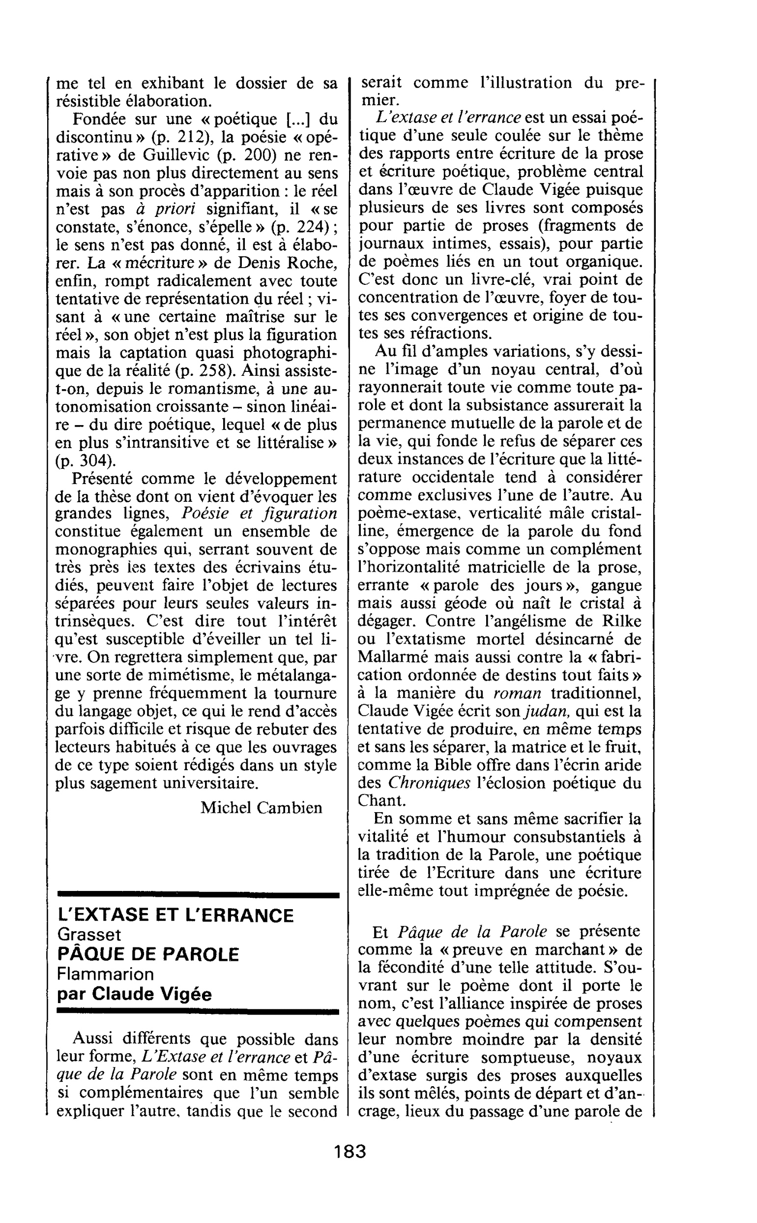 L’EXTASE ET L’ERRANCE PÂQUE DE PAROLE par Claude Vigée