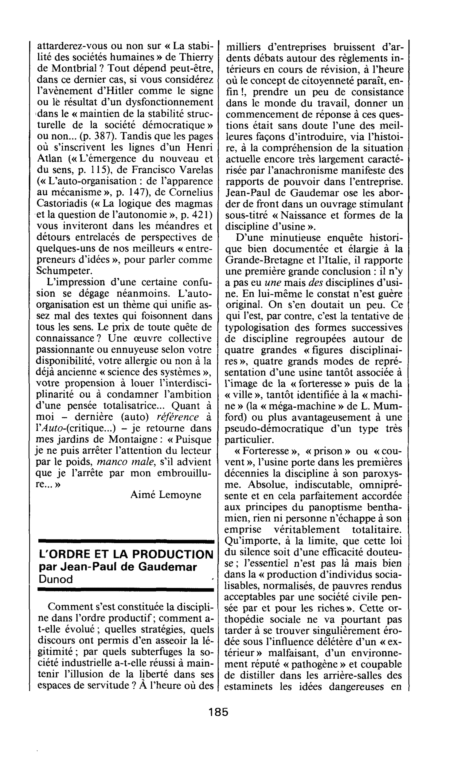 L’ORDRE ET LA PRODUCTION par Jean-Paul de Gaudemar