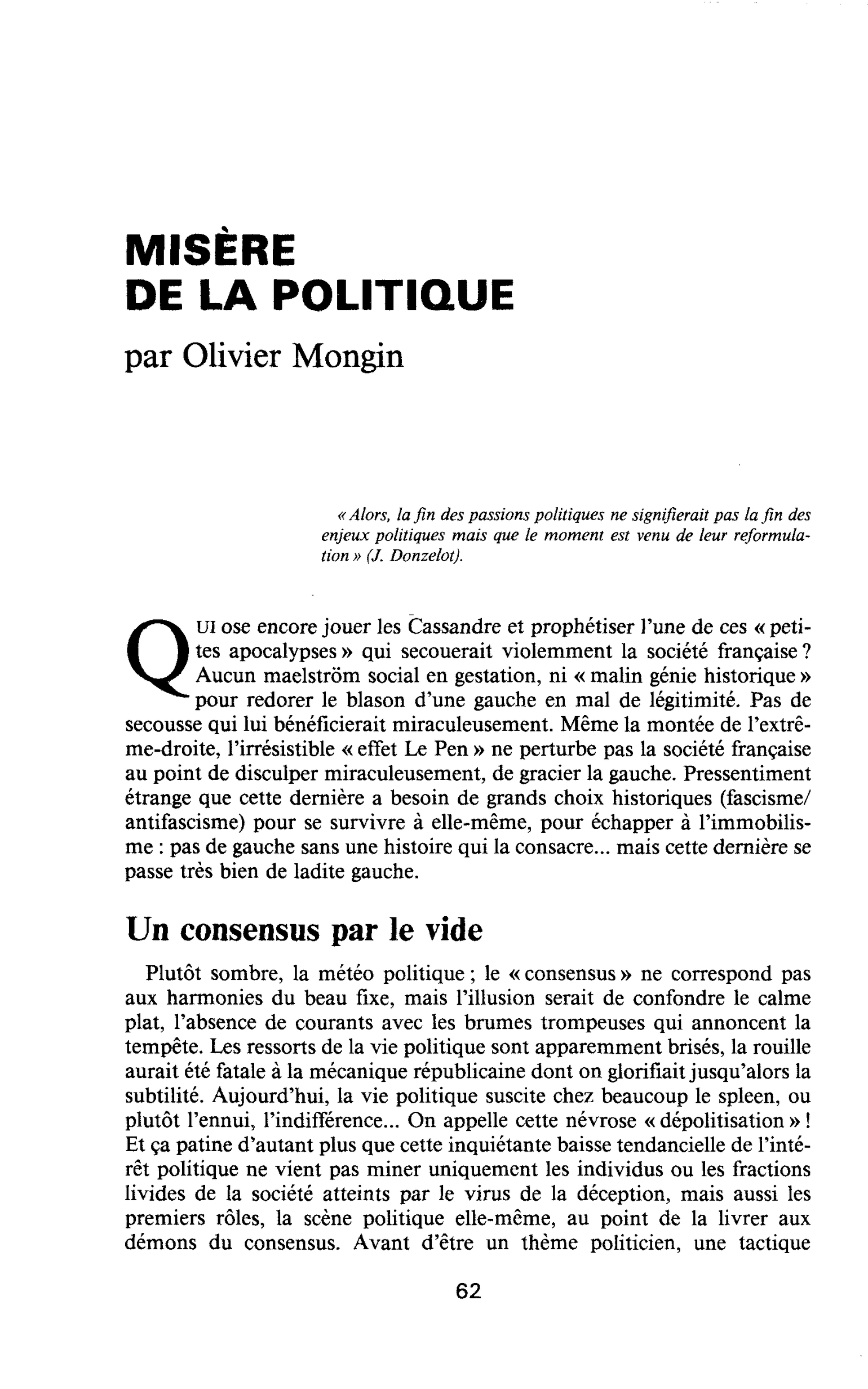 MISÈRE DE LA POLITIQUE